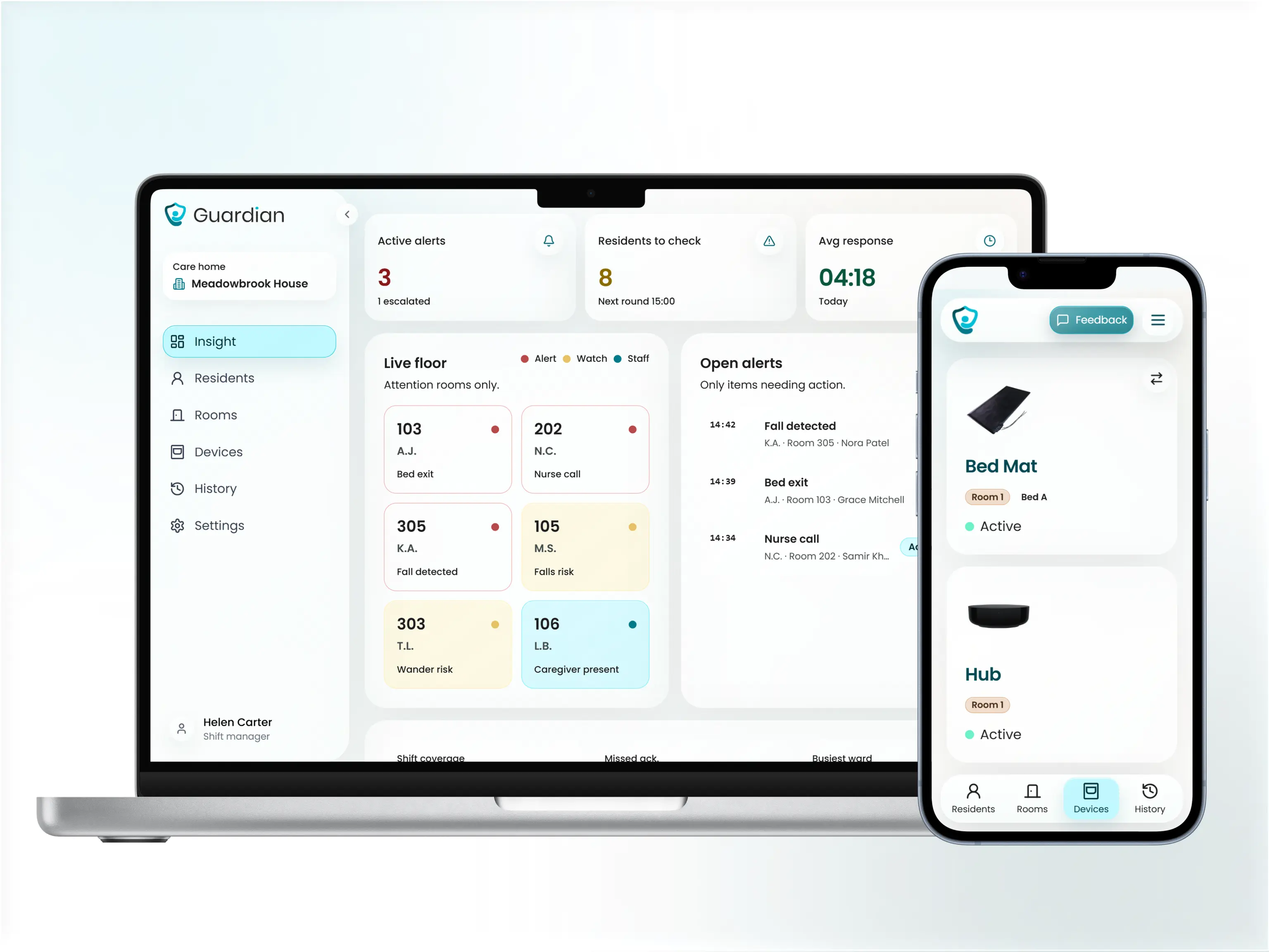 Guardian Insight dashboard showing live floor plan with resident alert locations mapped to named rooms