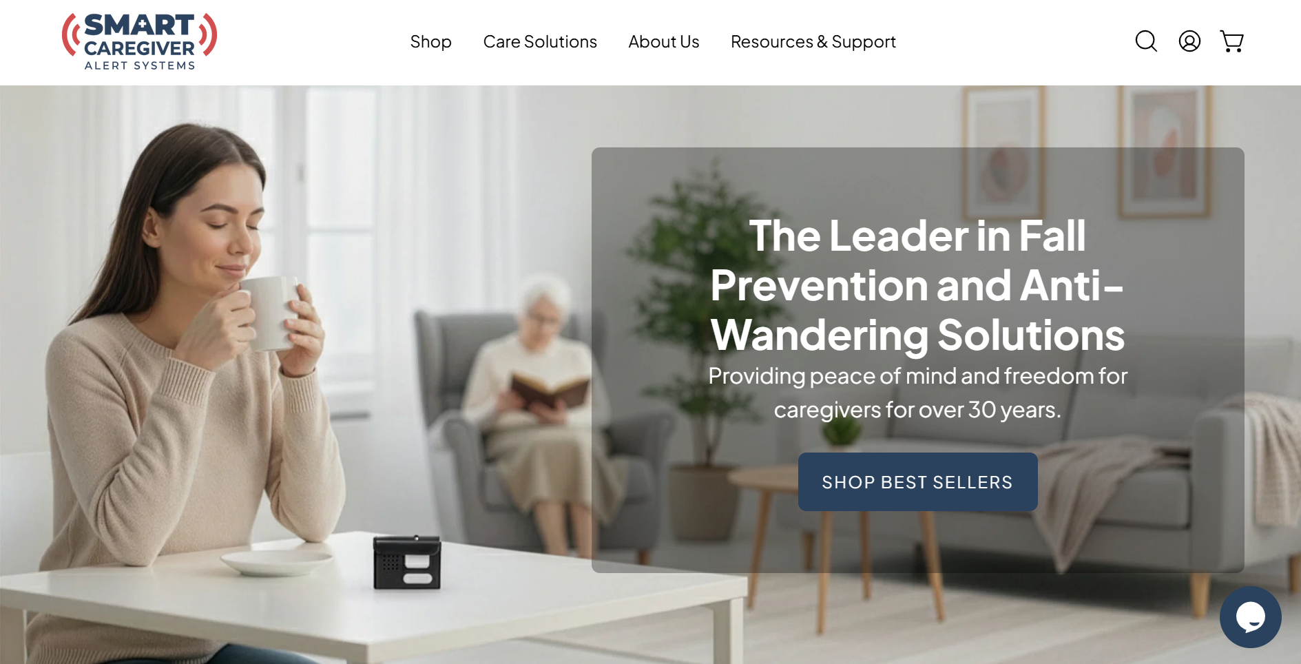 Smart Caregiver — bed alarm kits and pressure pad hardware shown on the product homepage