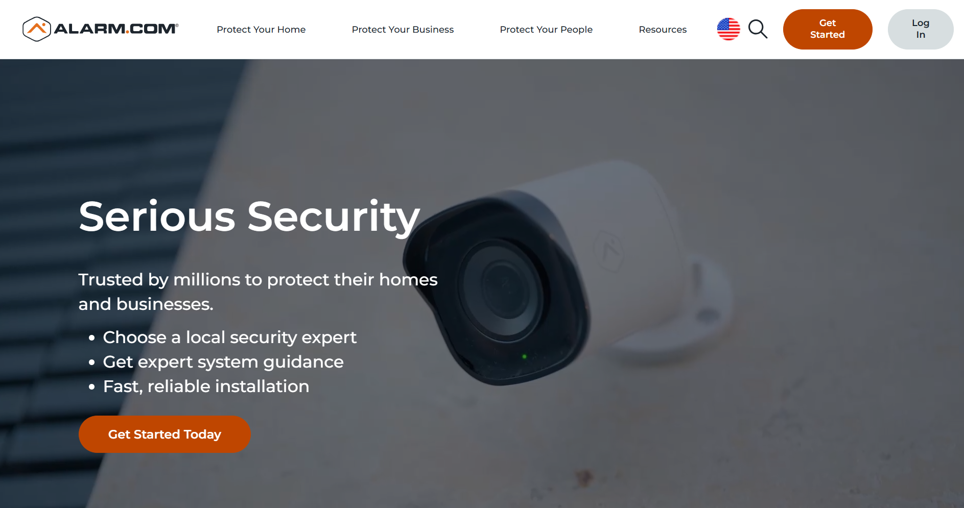 Alarm.com — home security and monitoring app interface showing scenes, system status, and device controls