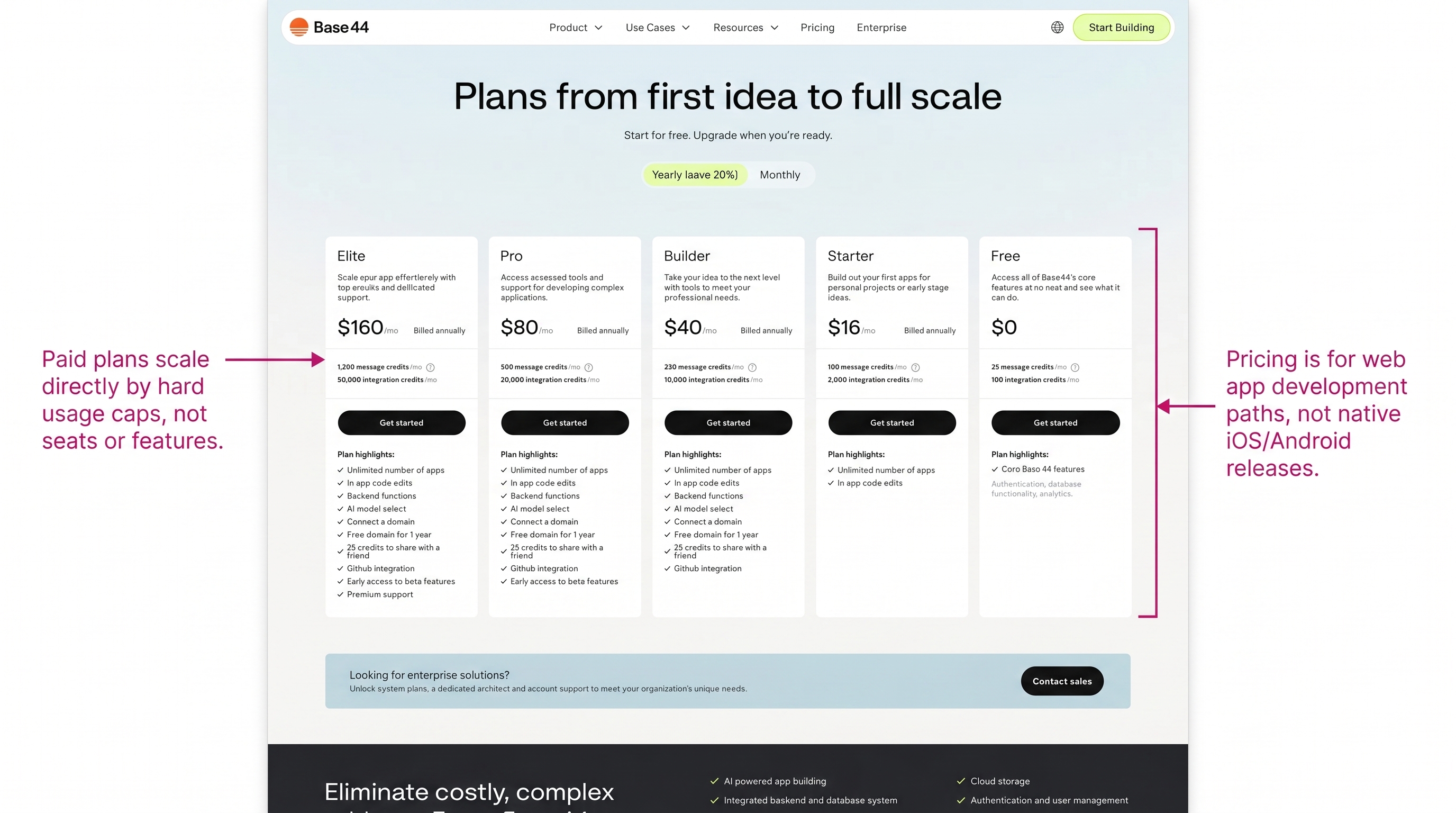 Base44 pricing page showing free and paid plans with usage caps for AI web app building