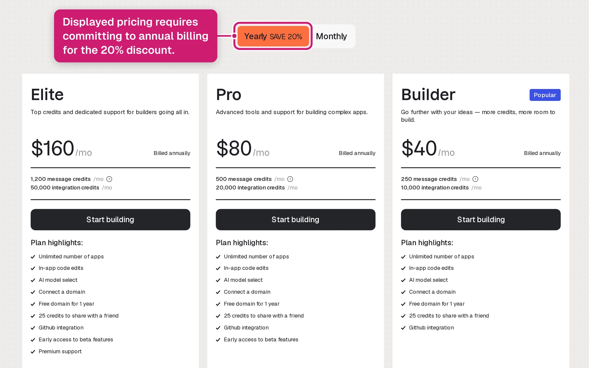 Base44 pricing page showing free and paid plans with usage caps for AI web app building