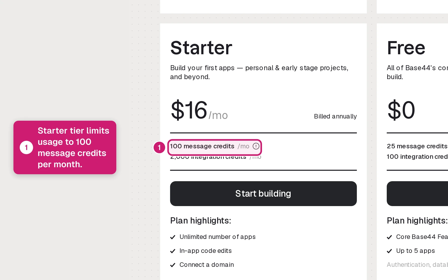 Base44 pricing page showing free and paid plans with usage caps for AI web app building (2)