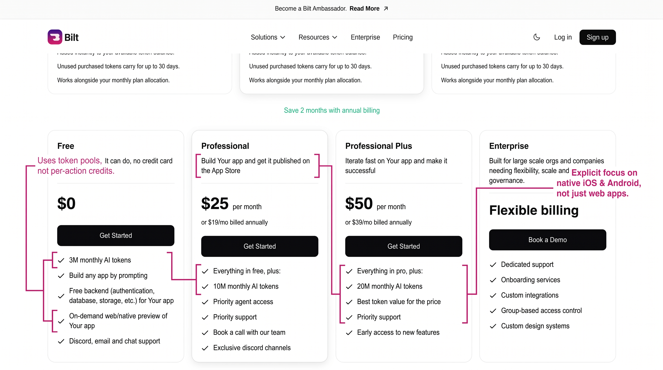 Bilt pricing page showing mobile app builder plans with monthly token allocations