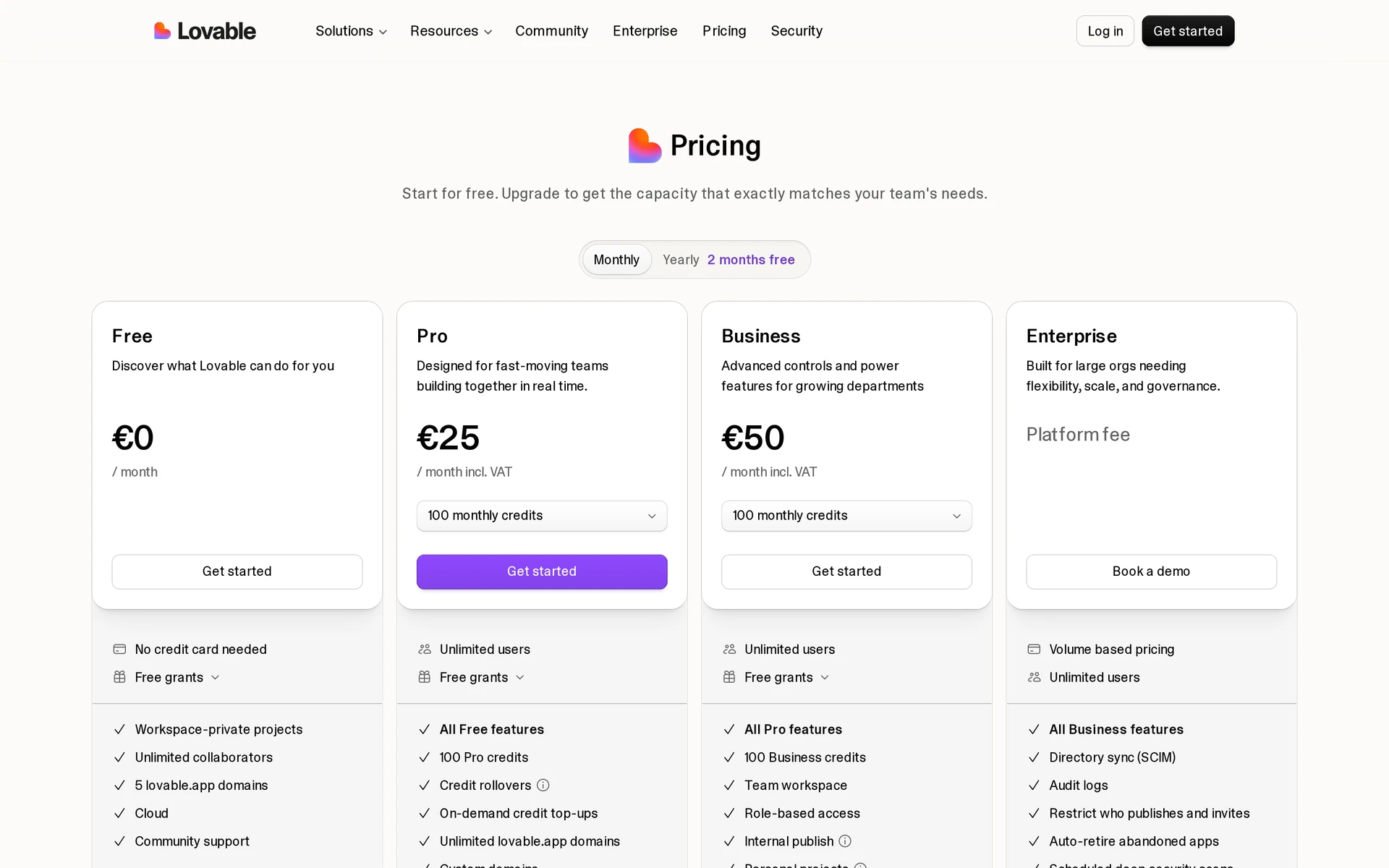 Lovable pricing page showing Free, Pro, Business, and custom Enterprise pricing tiers