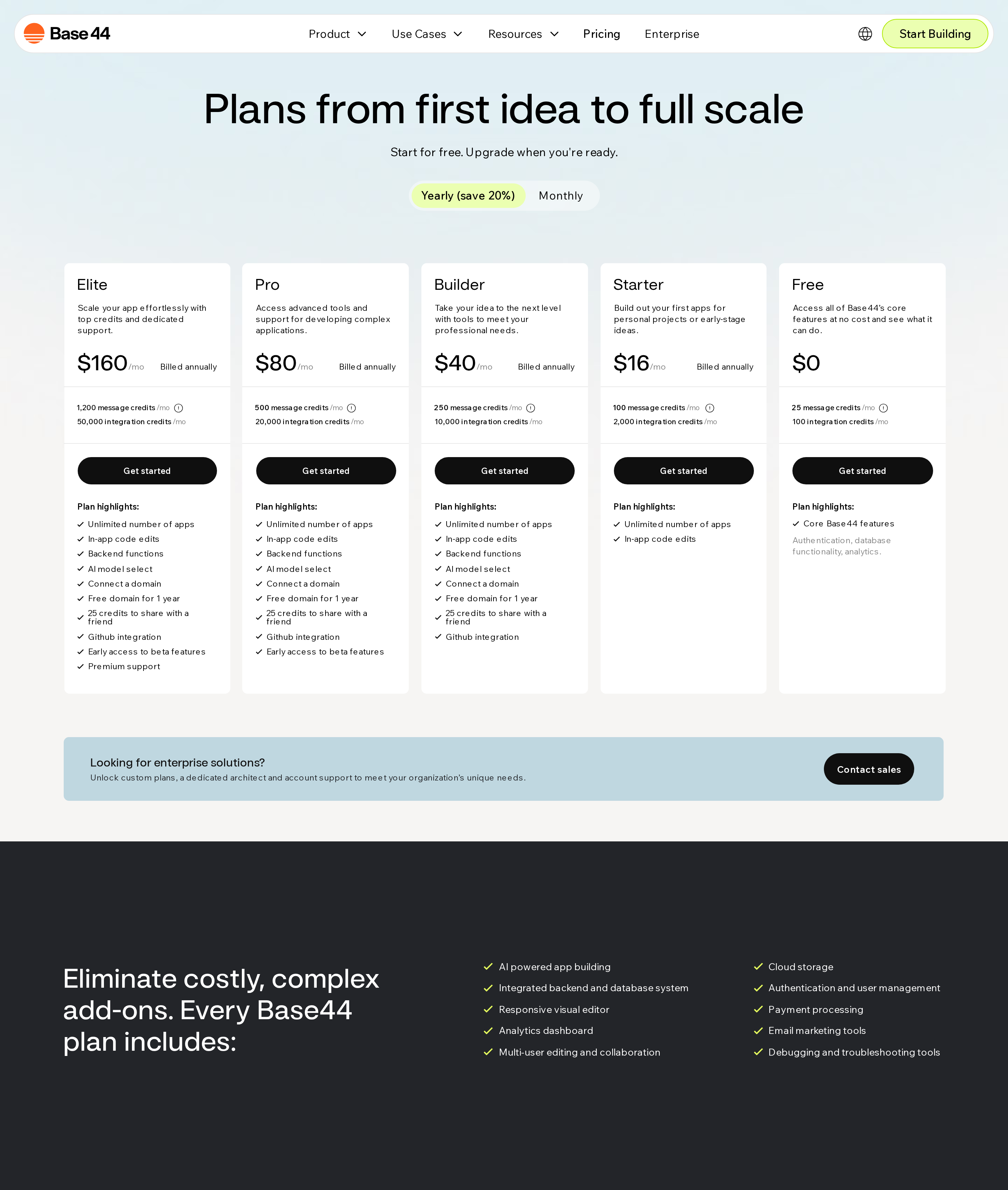 Base44 pricing page showing Starter, Builder, Pro, and Elite plans with export gated to Builder