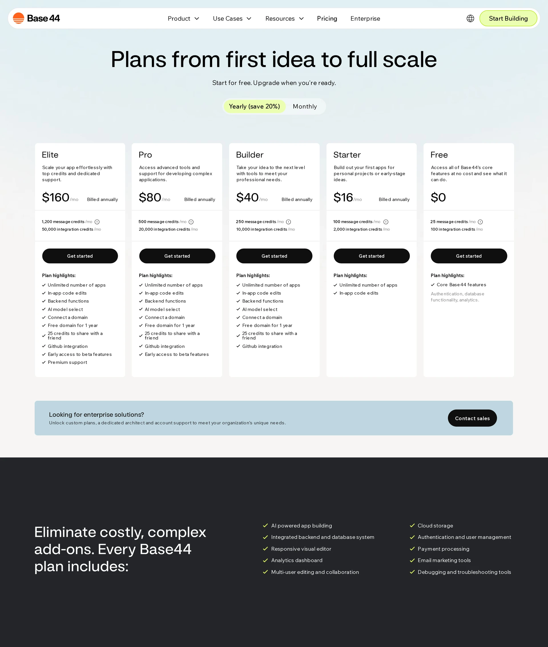 Base44 pricing page showing Starter, Builder, Pro, and Elite plans with export gated to Builder
