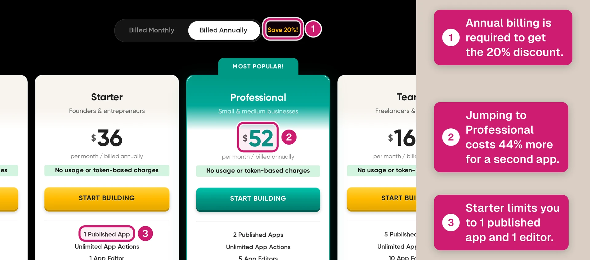 Adalo pricing page with annual billing discount and paid plan tiers