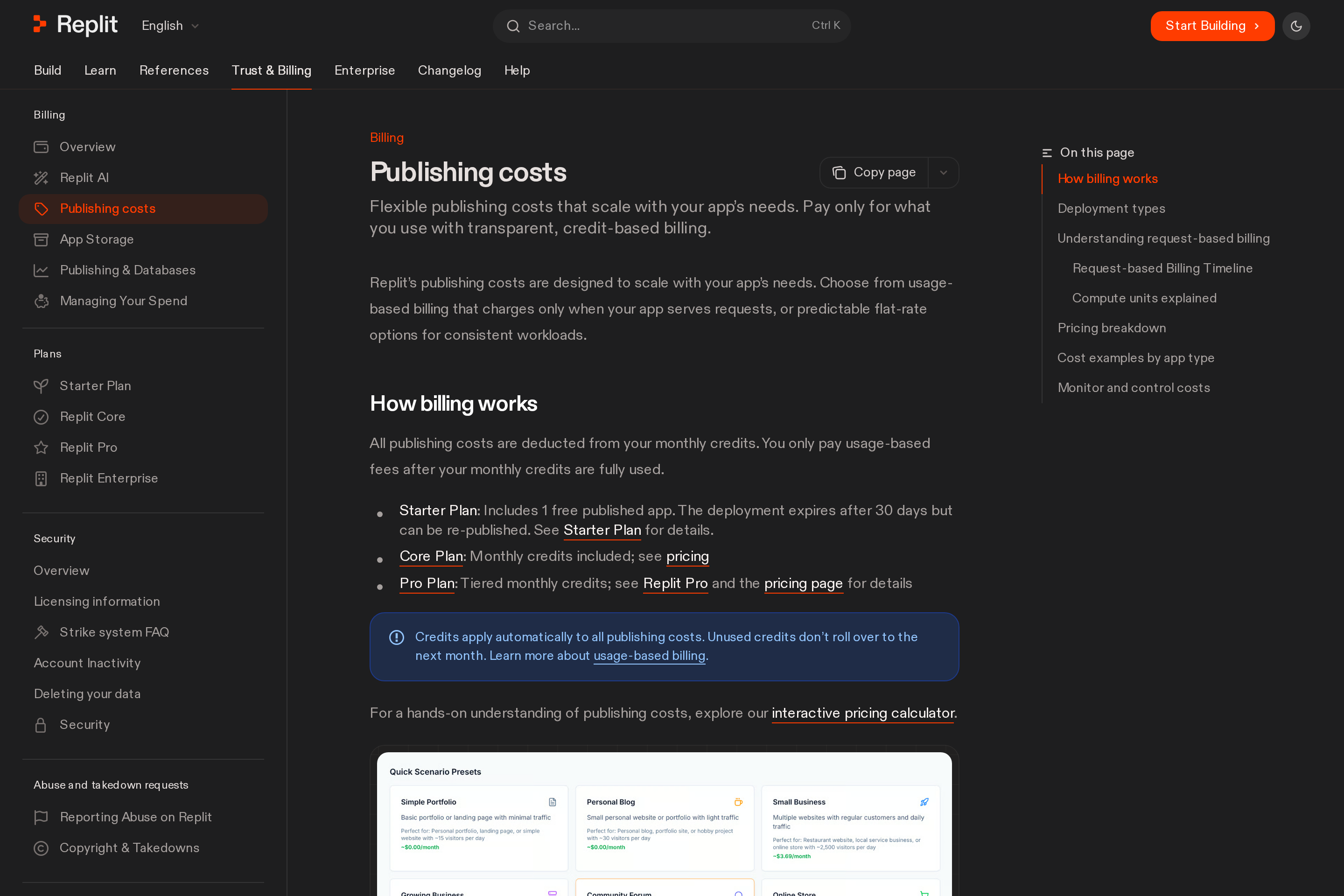 Annotated Replit deployment pricing page showing extra hosting charges beyond the base subscription