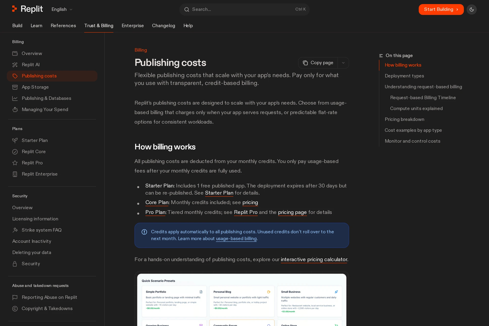 Annotated Replit deployment pricing page showing extra hosting charges beyond the base subscription