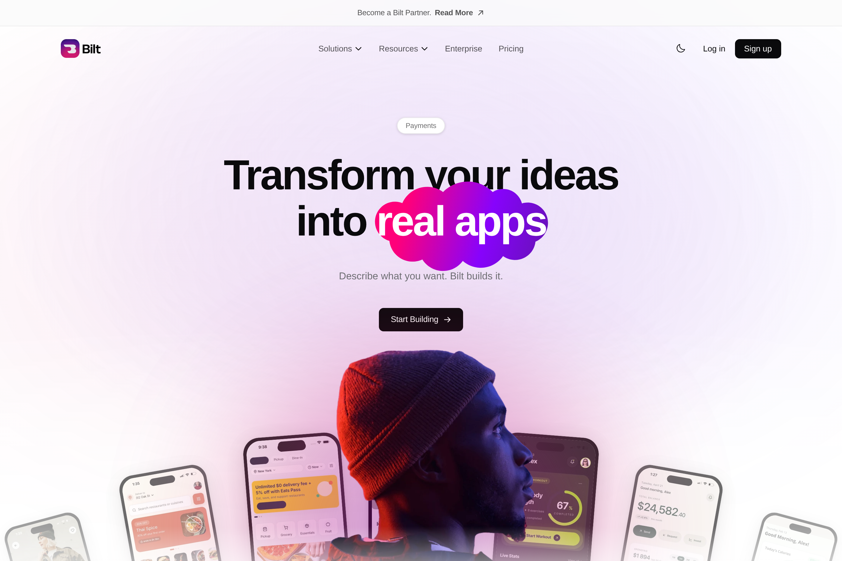 Bilt mobile app builder page for launching native iOS and Android apps