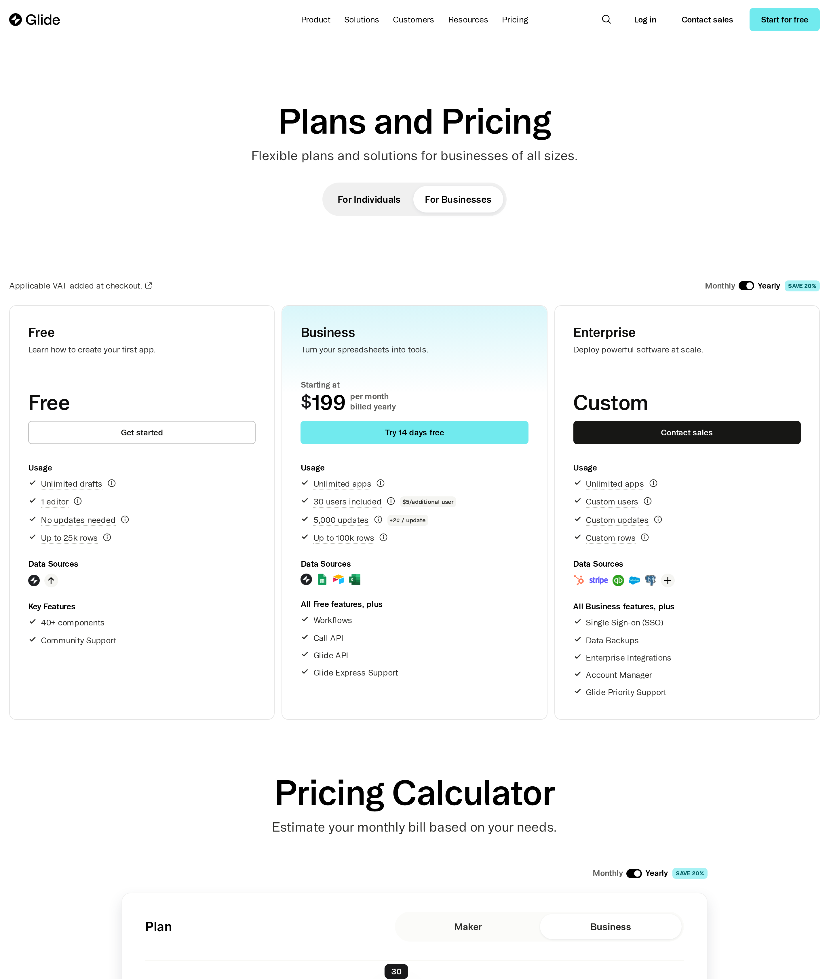 Glide pricing page showing Free, Explorer, Maker, Business, and Enterprise plans