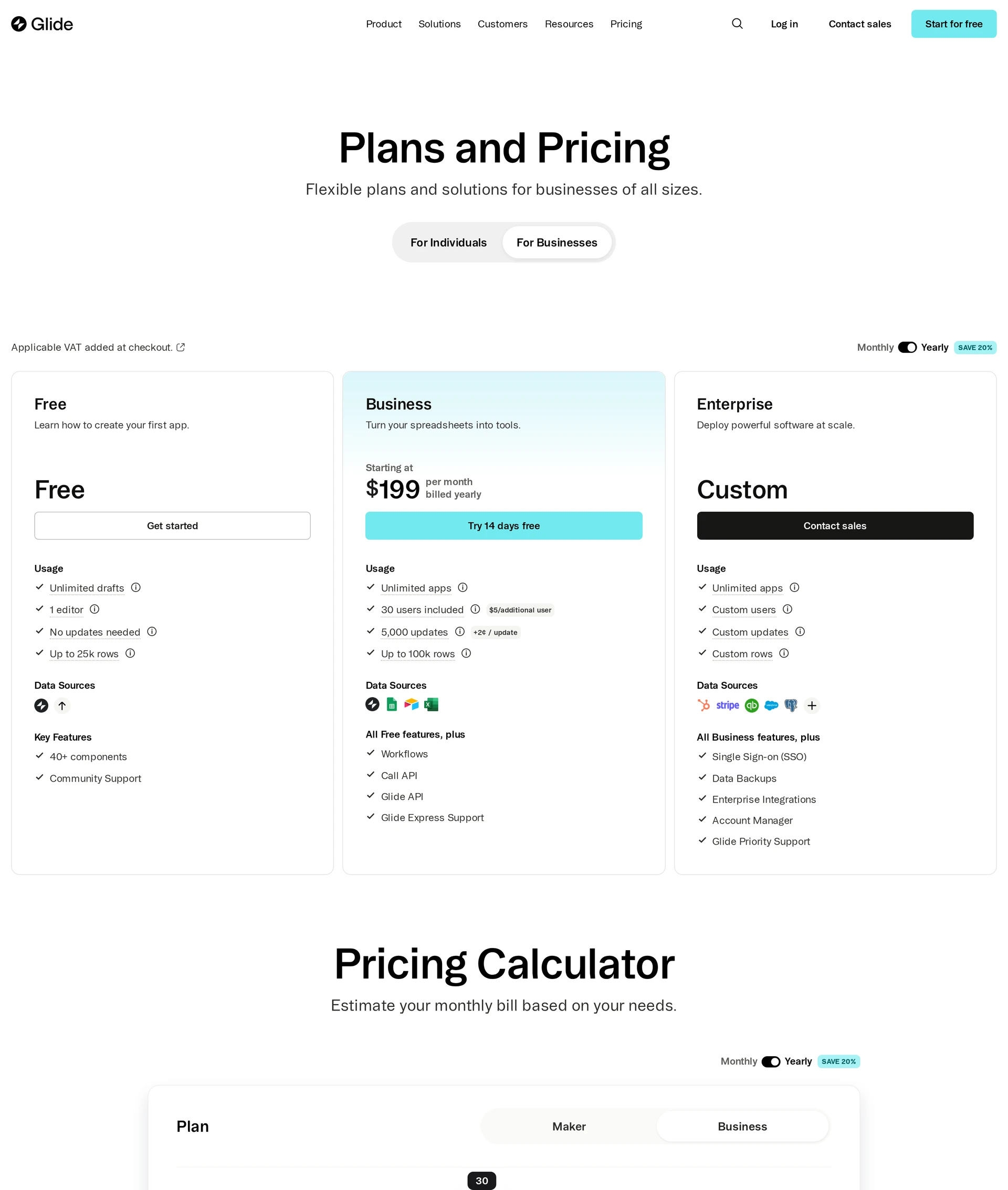 Glide pricing page showing Free, Explorer, Maker, Business, and Enterprise plans
