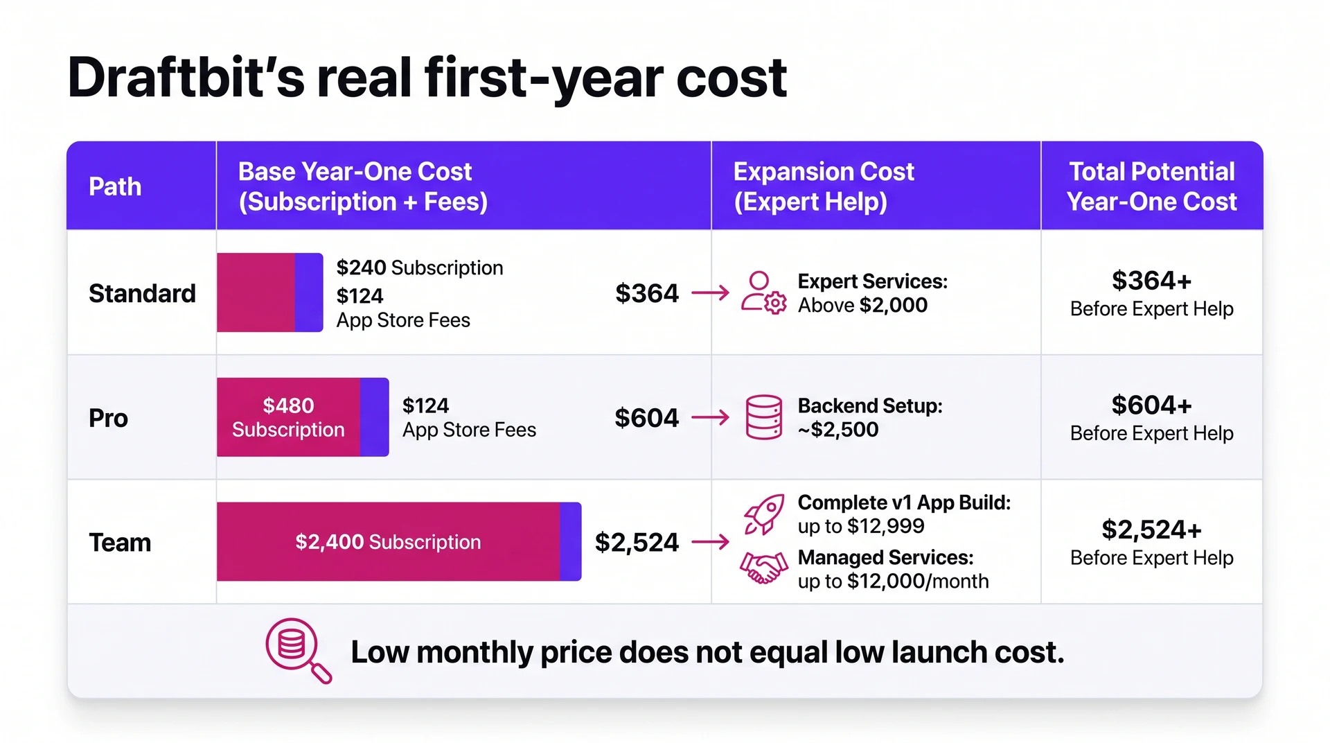 Draftbit first-year cost chart including subscription, app store fees, and expert help