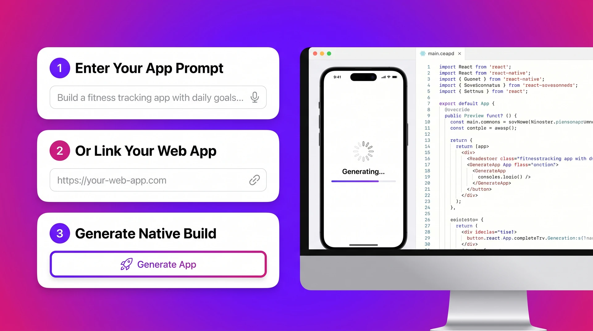 Bilt website-to-app builder showing prompt input and native mobile app generation