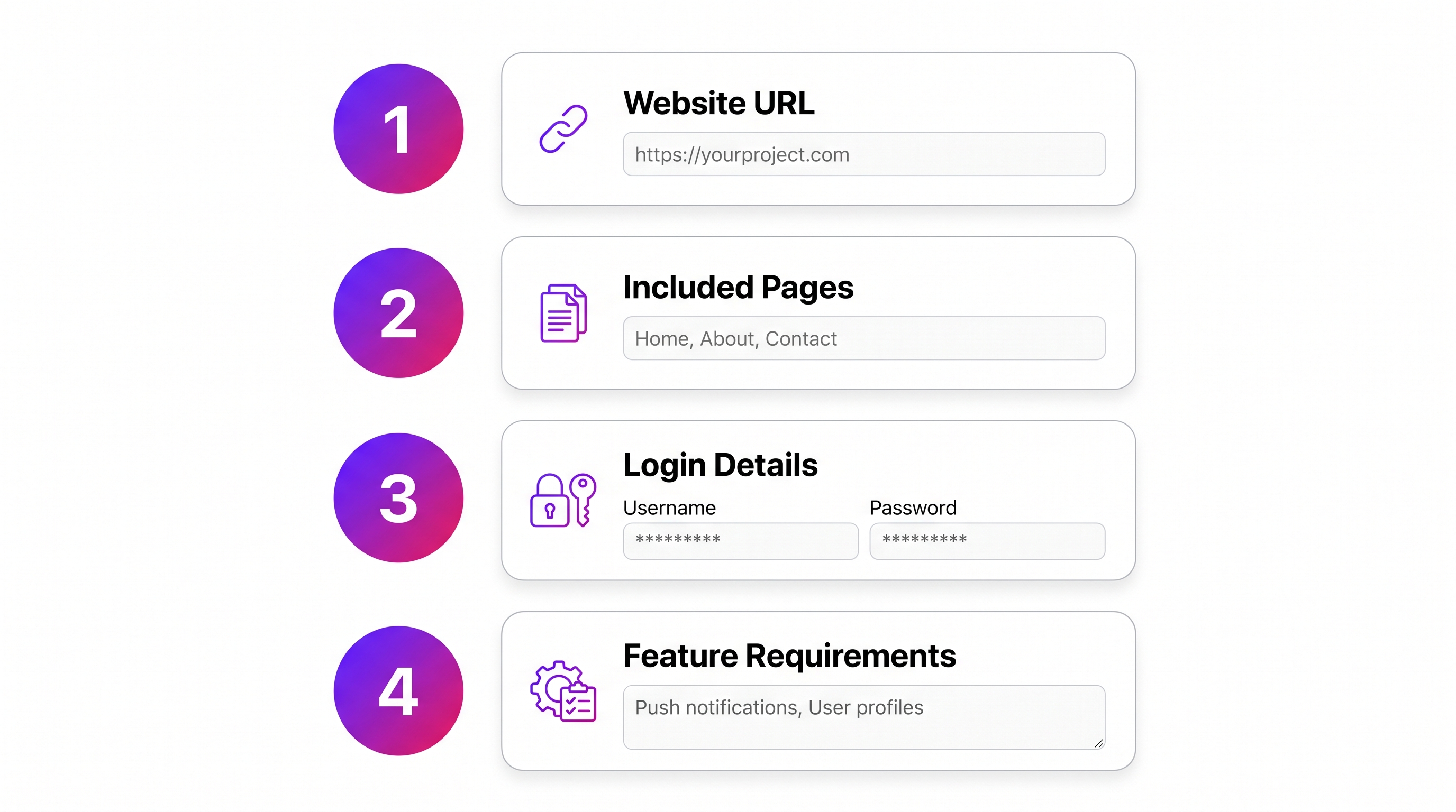Bilt app brief setup showing website URL, app scope, and mobile feature requirements