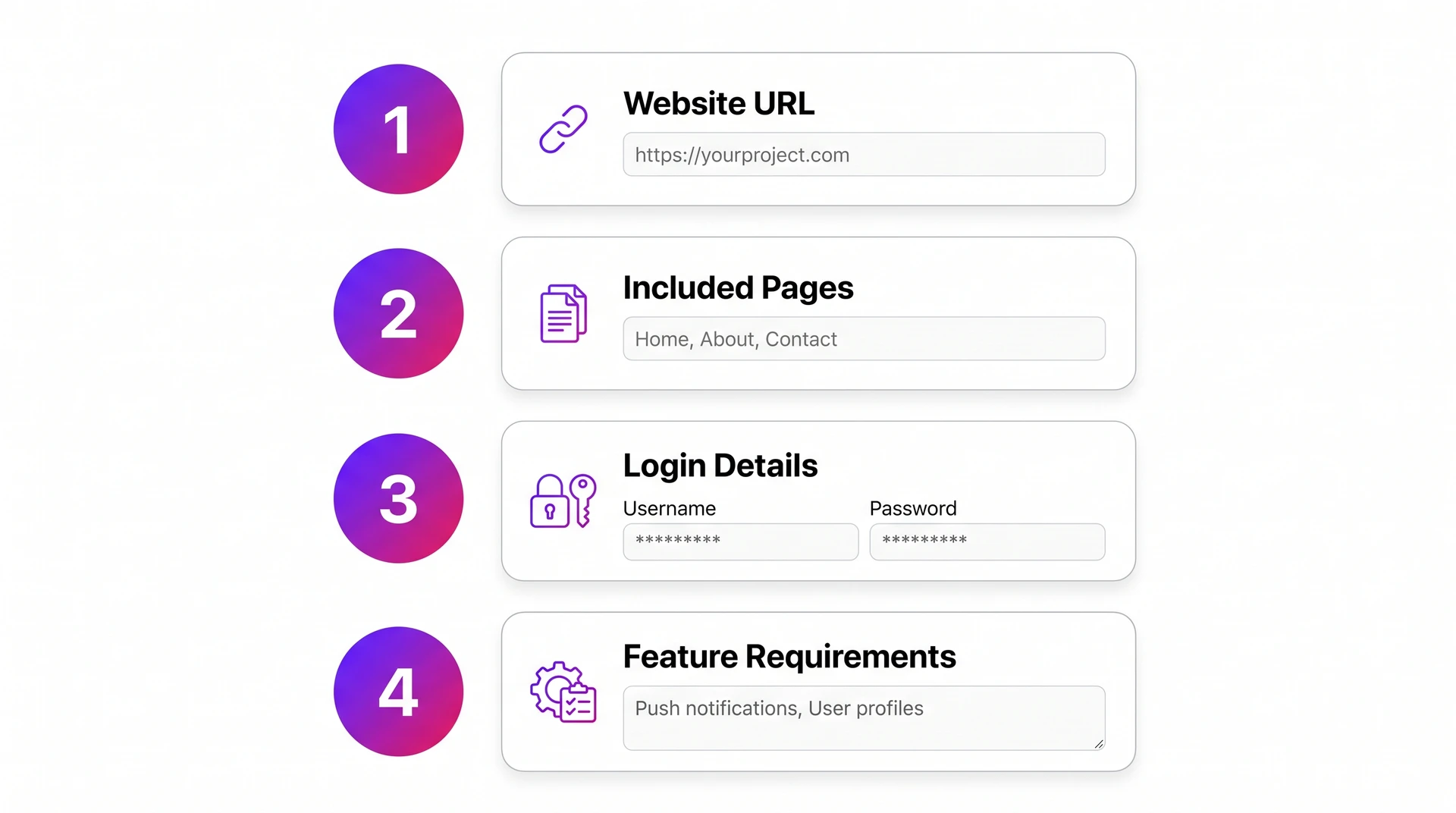 Bilt app brief setup showing website URL, app scope, and mobile feature requirements