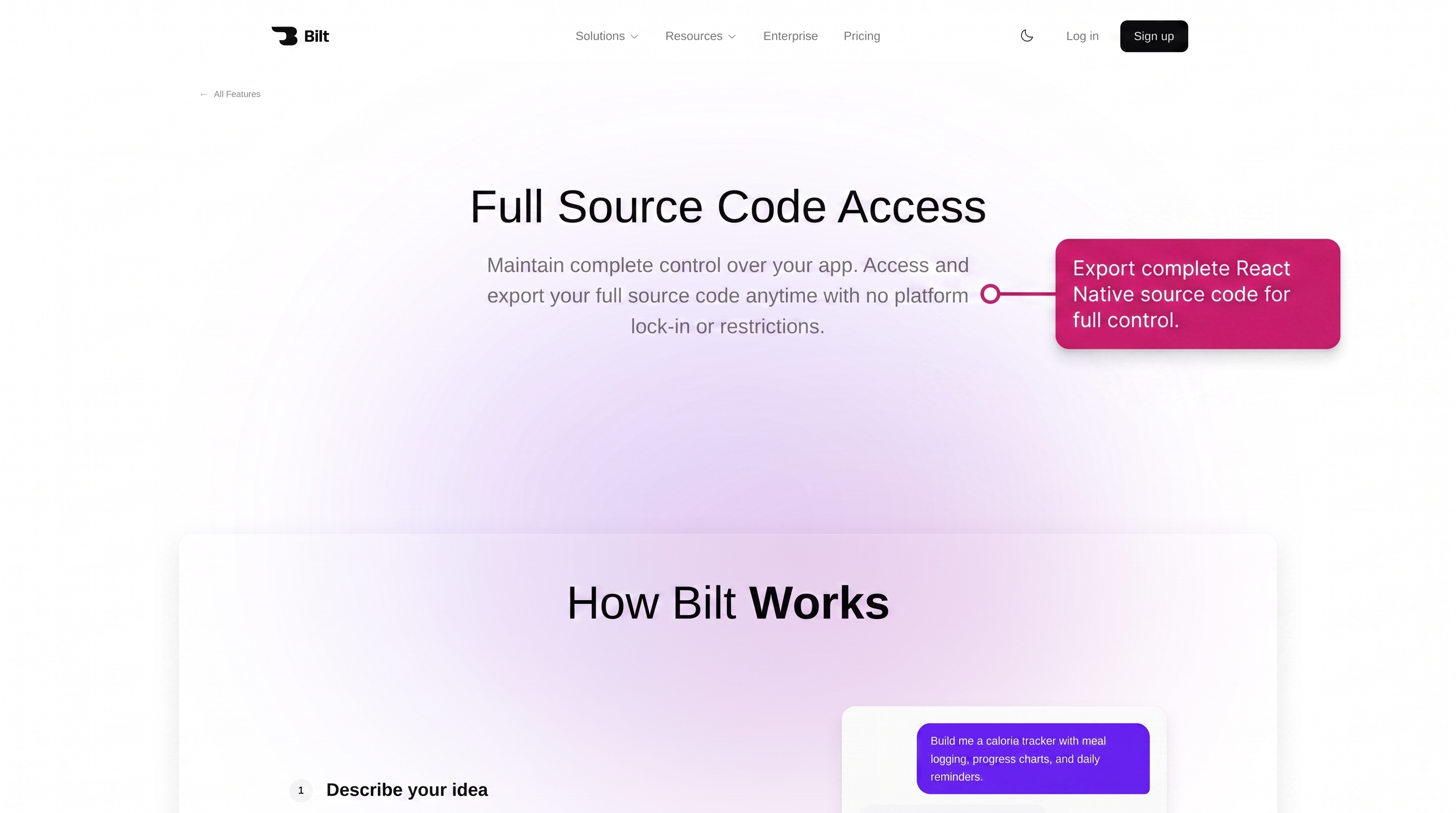 Bilt full source code access page showing React Native export and GitHub ownership