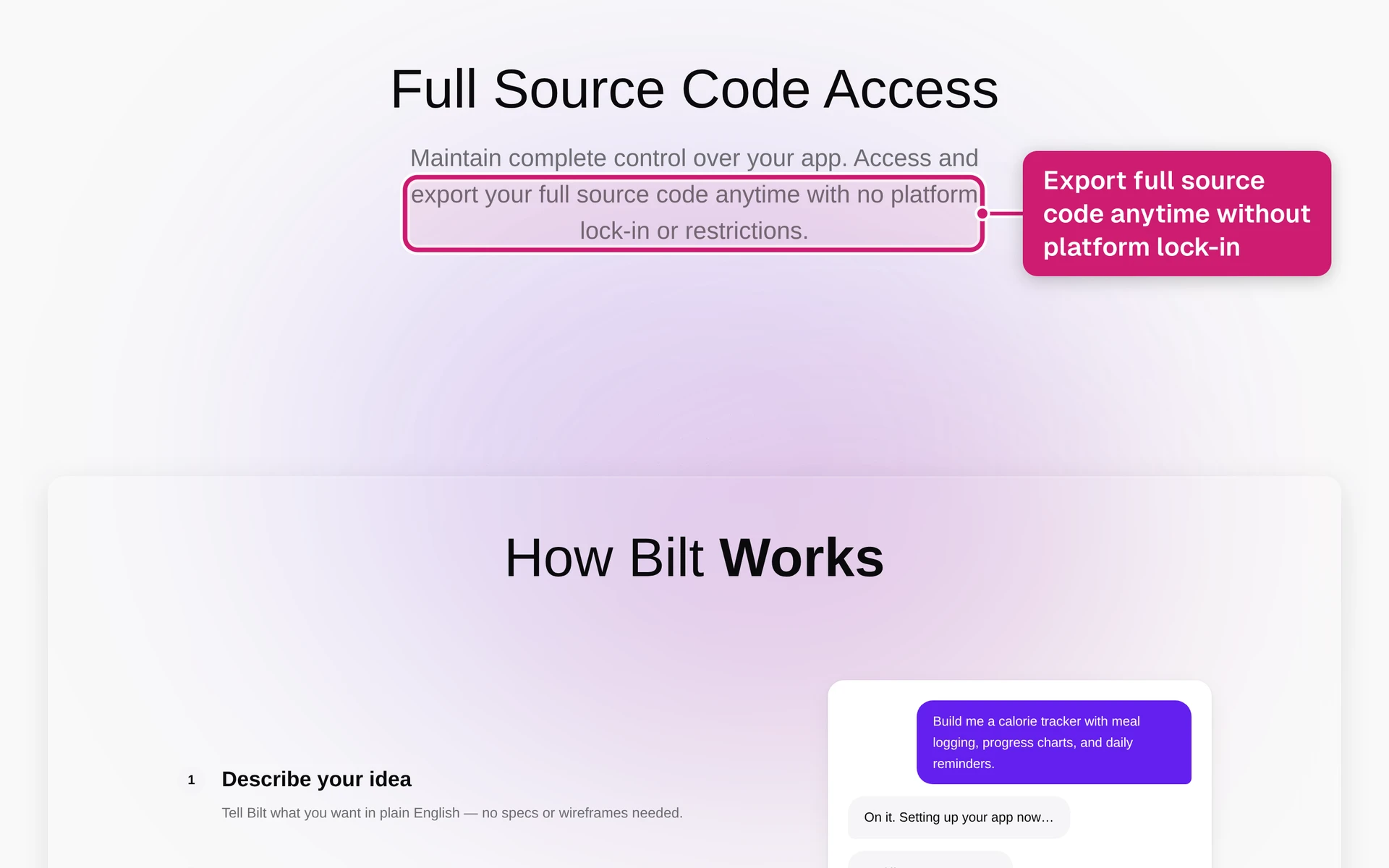 Bilt's Full Source Code Access page: export your full source code with no platform lock-in