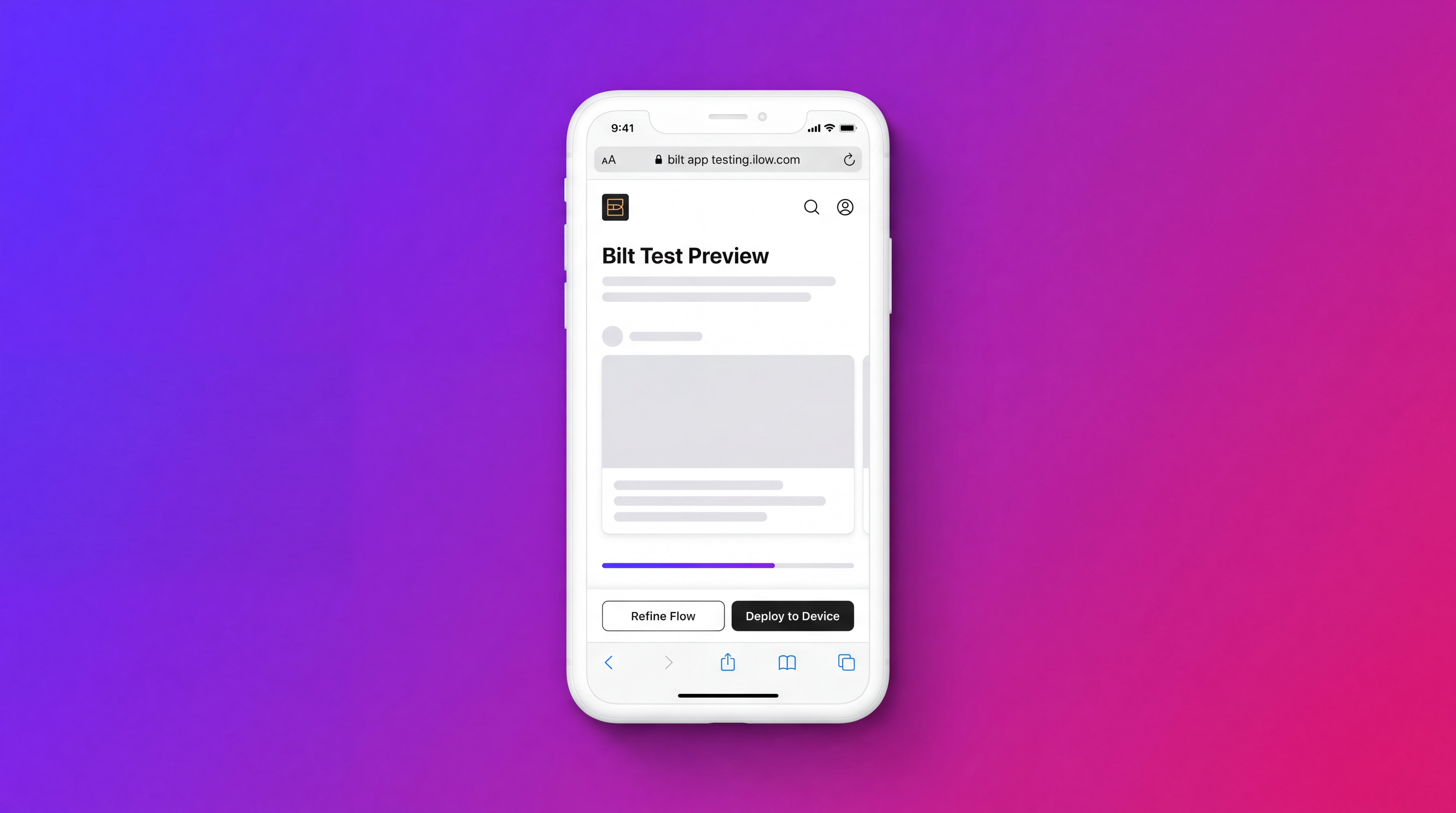 Bilt iOS simulator preview used to test app flows before App Store submission