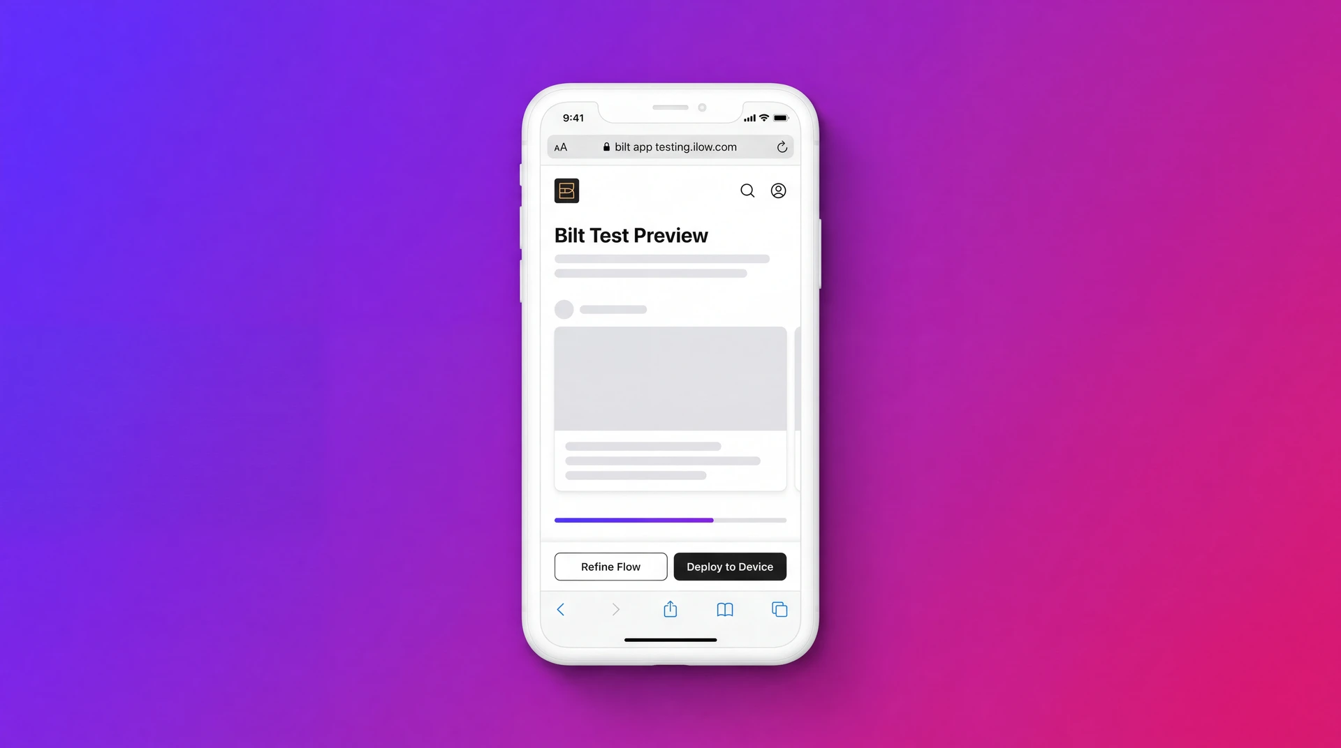 Bilt iOS simulator preview used to test app flows before App Store submission