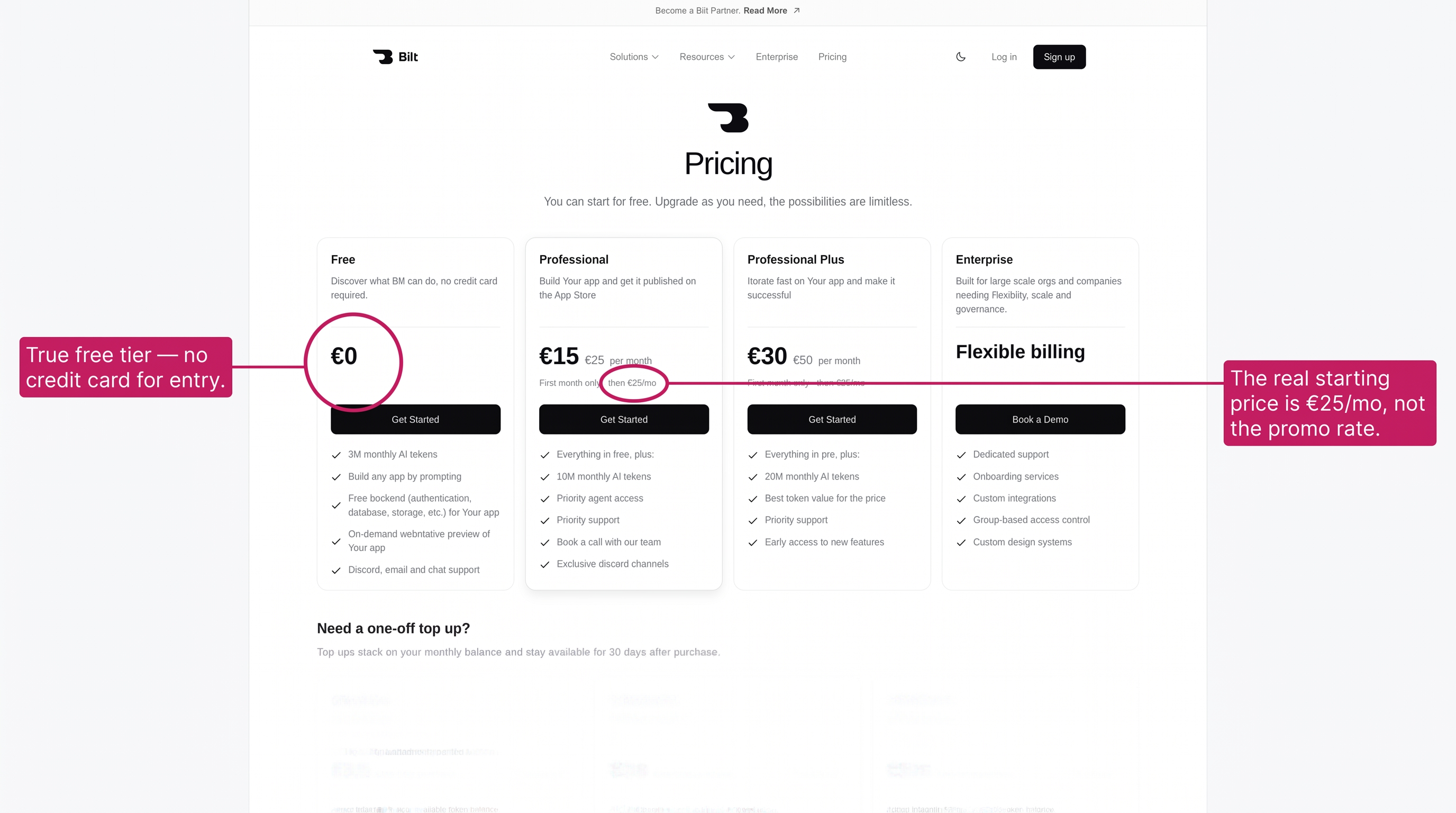 Bilt pricing page showing Free, Professional, and Professional Plus plans