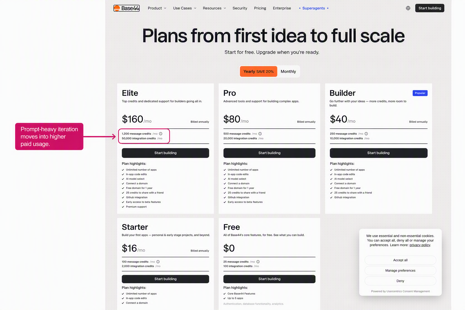 Base44 pricing tiers showing monthly message and integration credit limits