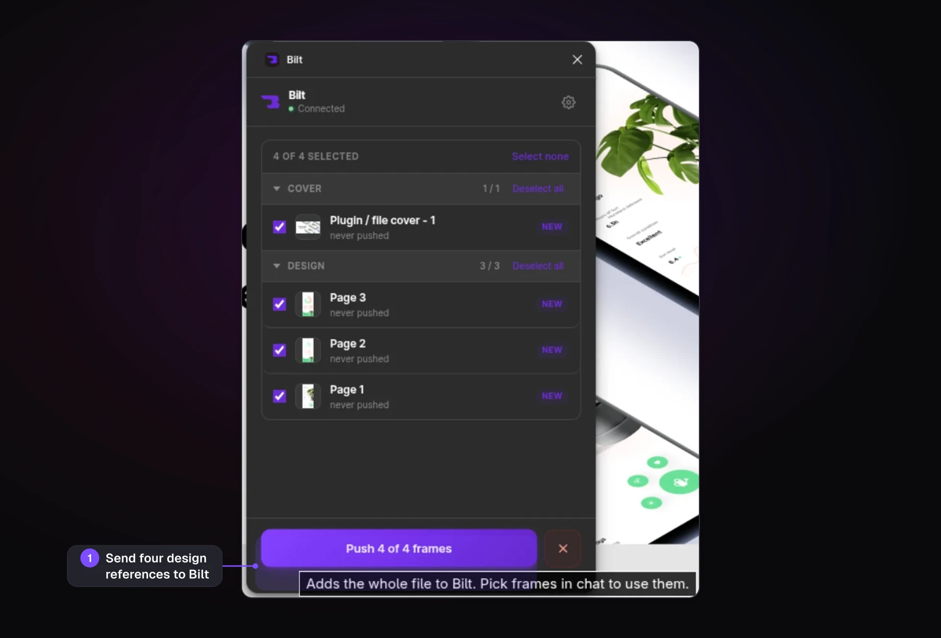 Bilt plugin inside Figma with four design frames selected for export to Bilt
