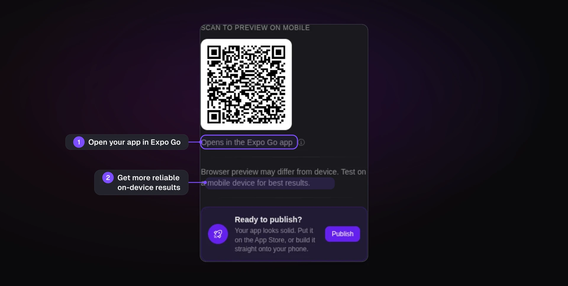 Bilt preview panel with a QR code for testing the generated app on a phone through Expo Go