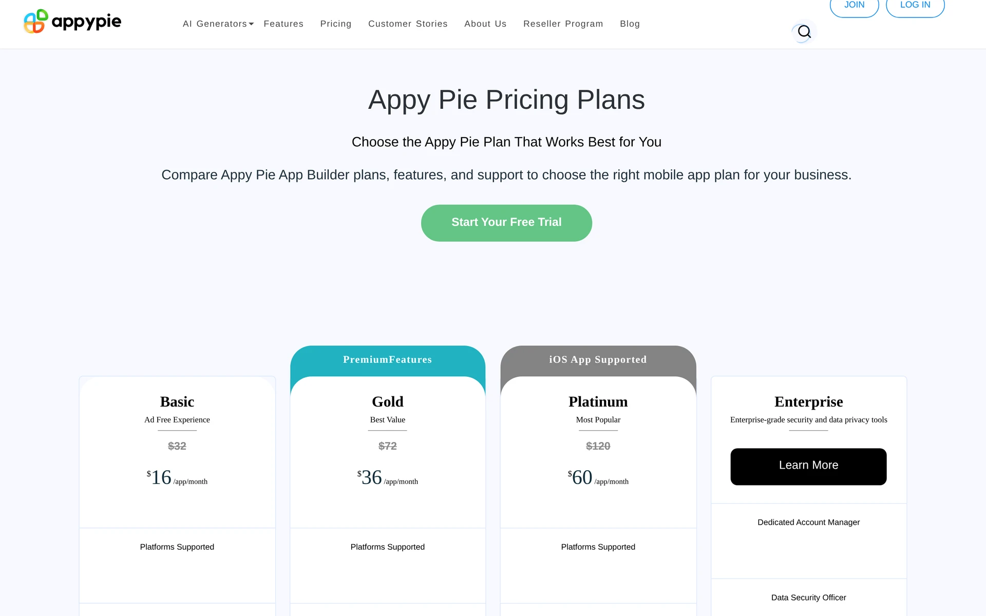 Appy Pie pricing cards showing Gold’s higher monthly price while Basic and Gold remain Android-only