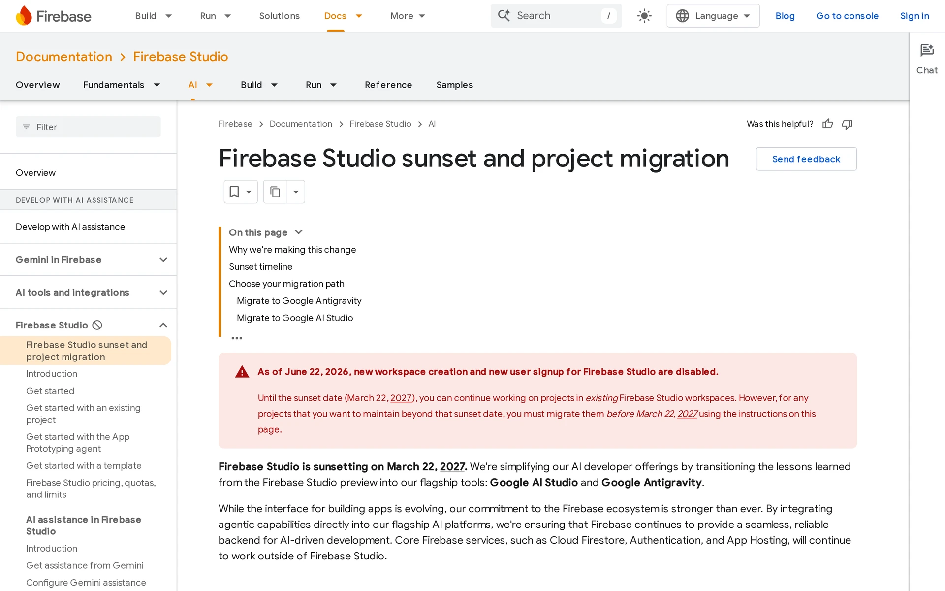 Firebase Studio migration documentation explaining workspace shutdown and deployed Firebase resources