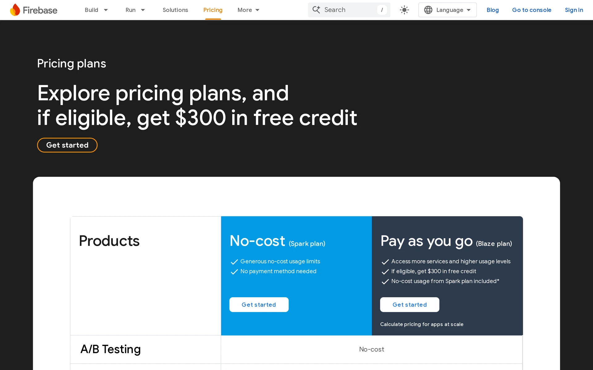Firebase pricing page showing Spark allowances and Blaze pay-as-you-go service charges