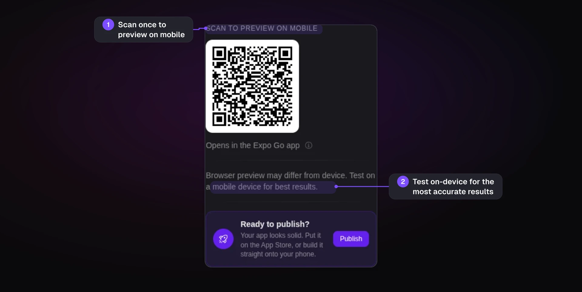 Bilt preview panel with an Expo Go QR code for testing the current app on a physical phone