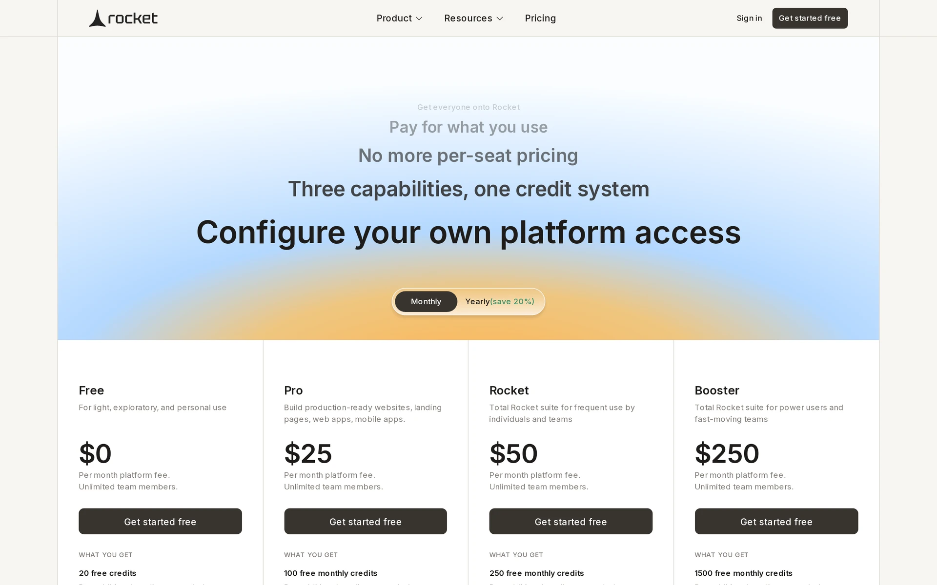 Rocket.new pricing grid showing paid entry prices and the monthly versus annual billing selector