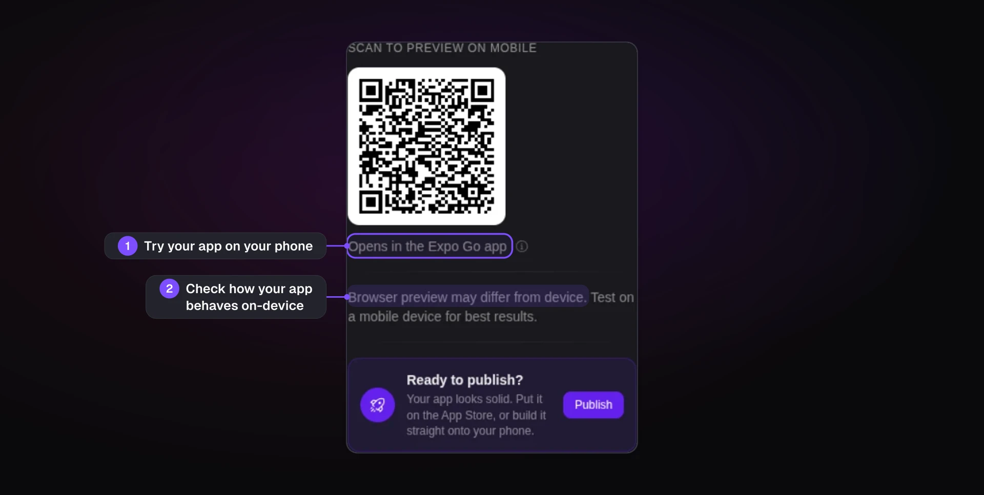 Bilt preview panel with an Expo Go QR code for testing a generated app on a real phone