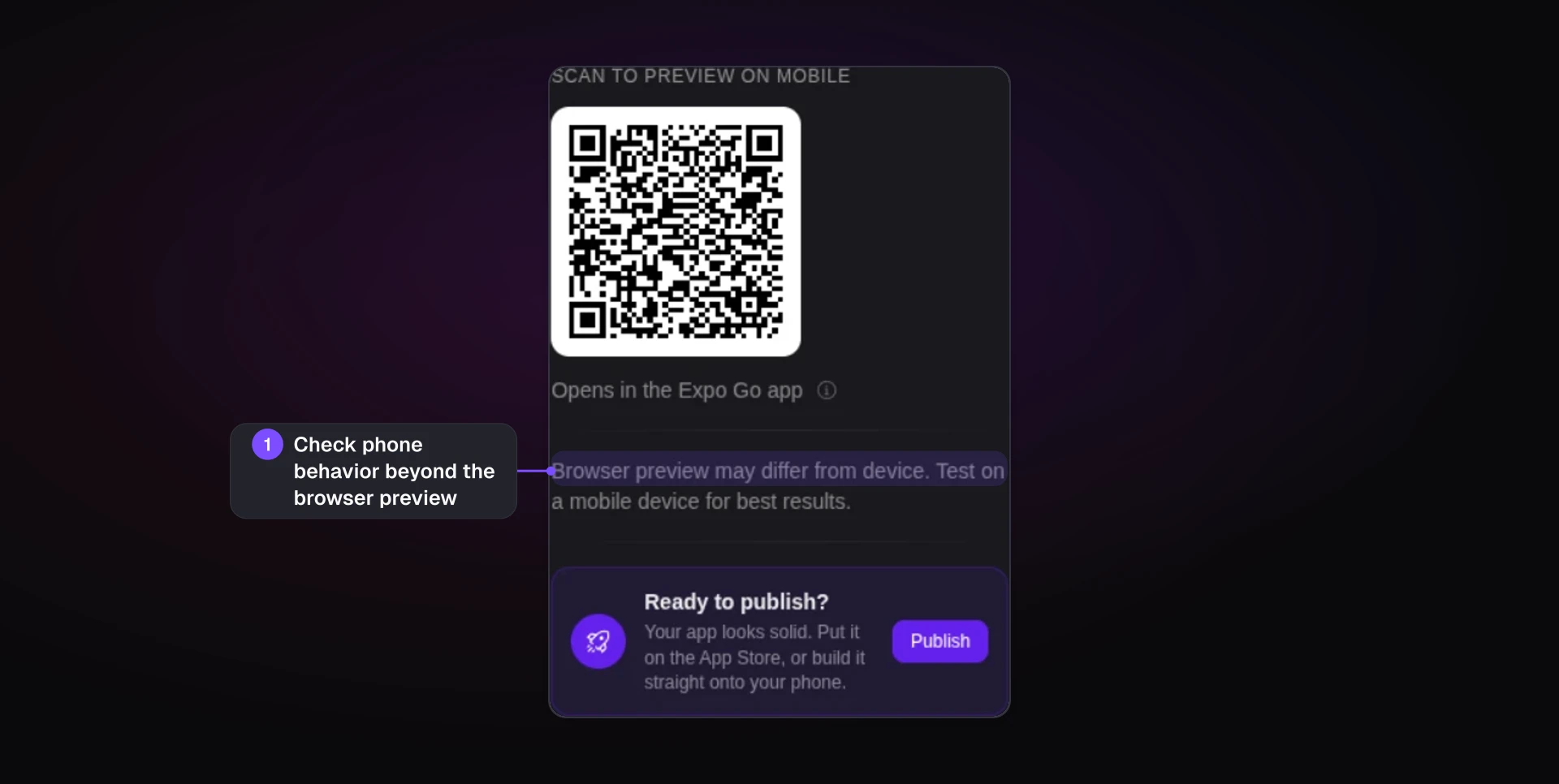 Bilt preview panel with an Expo Go QR code for testing a native app on a physical phone