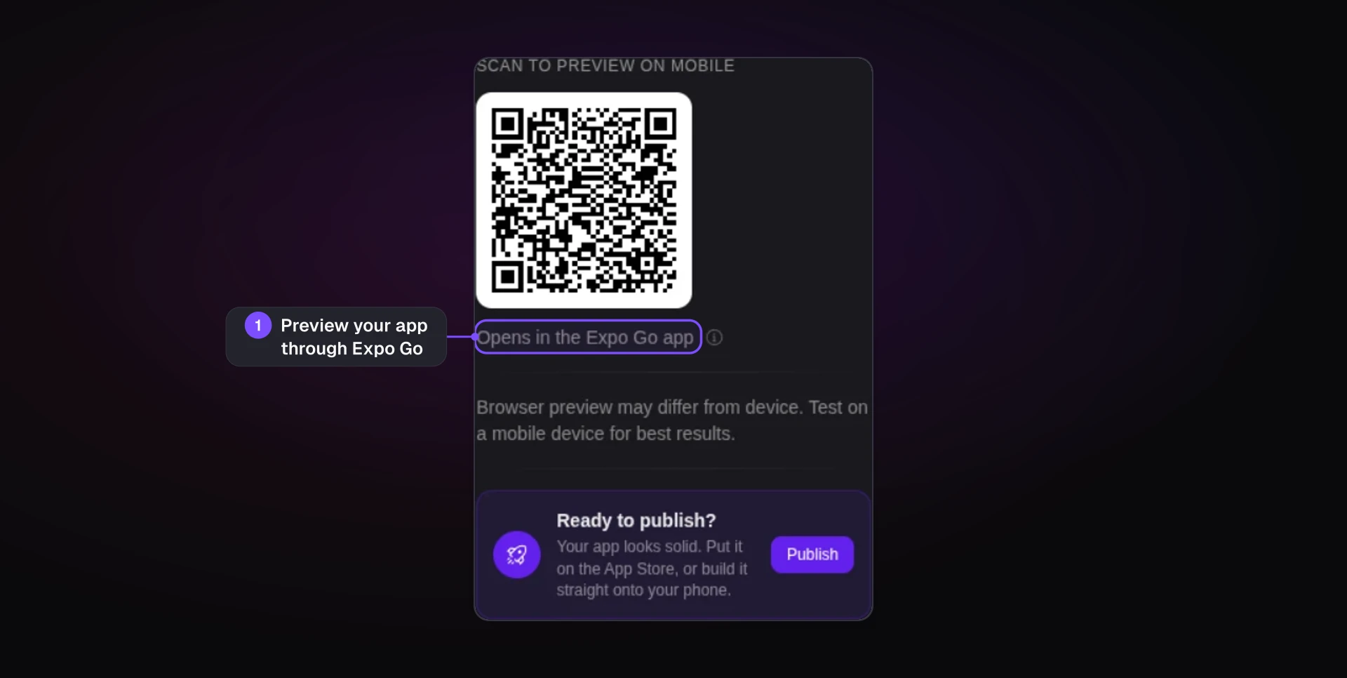 Bilt.me preview panel with an Expo Go QR code for testing a generated mobile app on a real phone