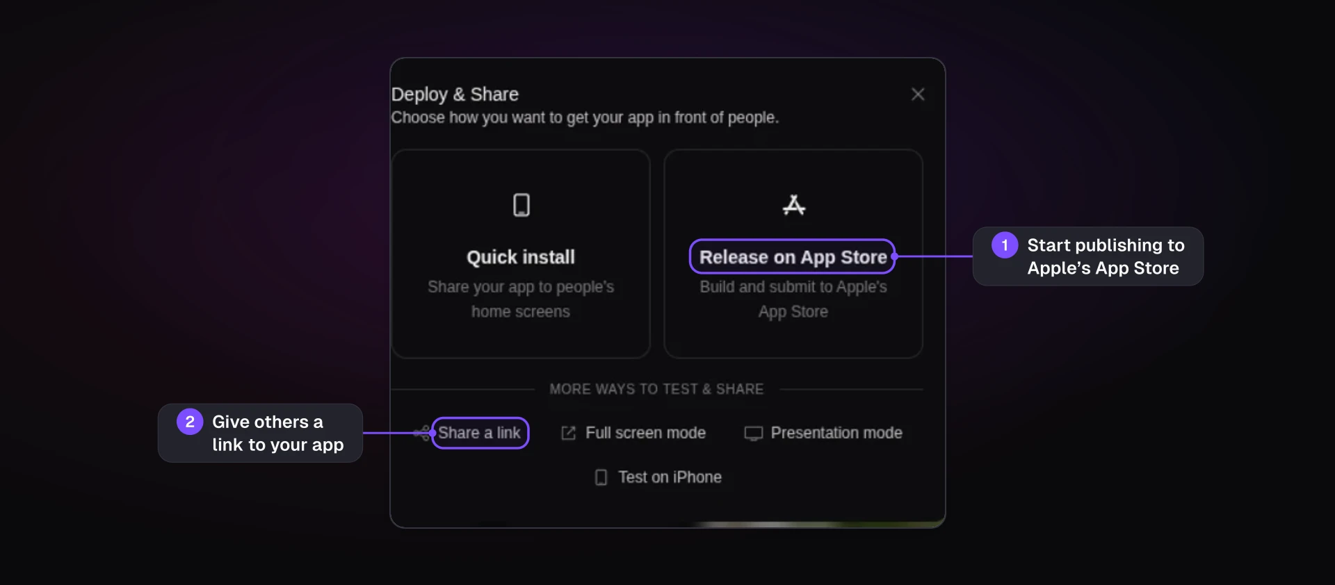 Bilt Deploy & Share dialog with Quick install and Release on App Store options