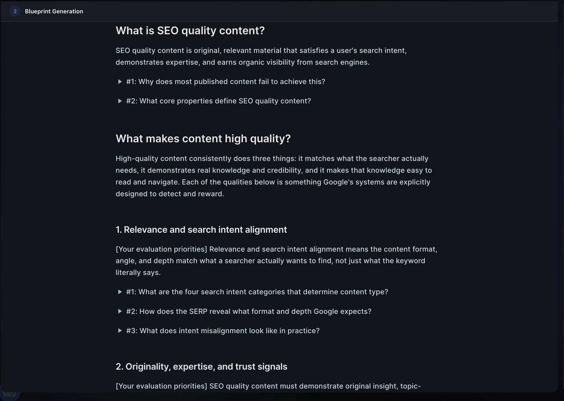 RankUp content blueprint screen showing section guidance and research notes for SEO content