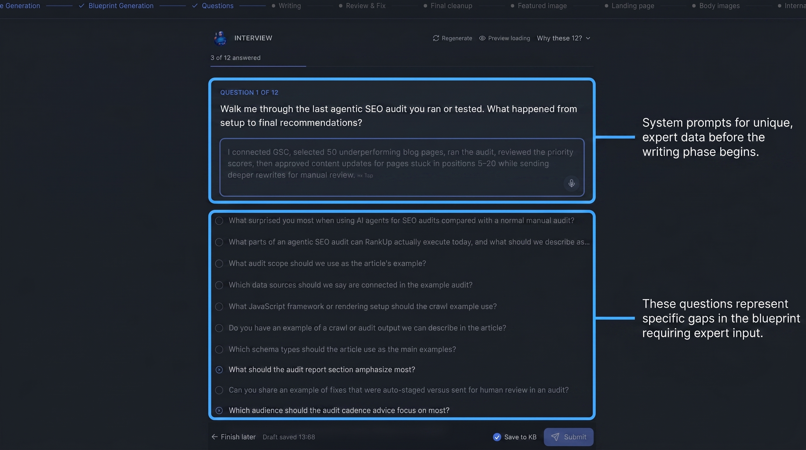 RankUp content interview screen collecting expert input for quality SEO content