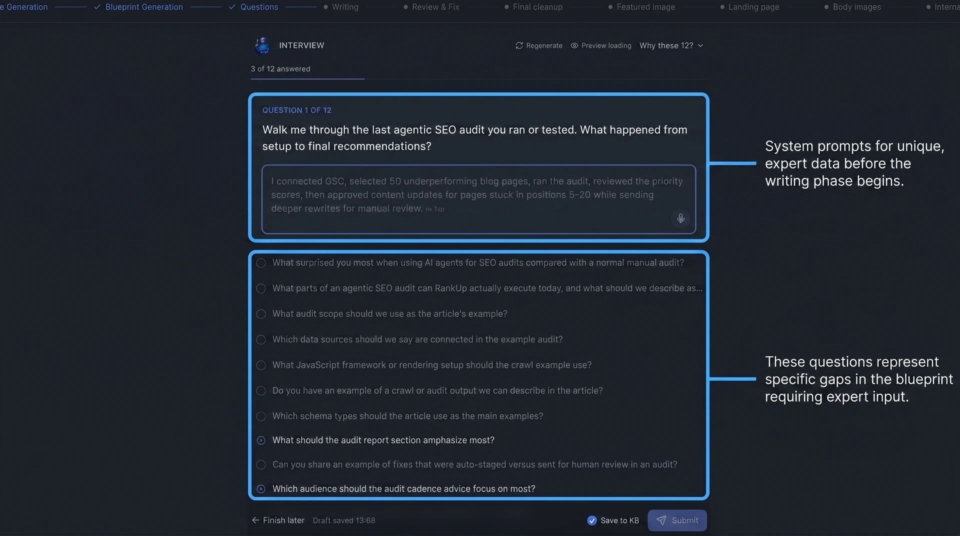 RankUp content interview screen collecting expert input for quality SEO content