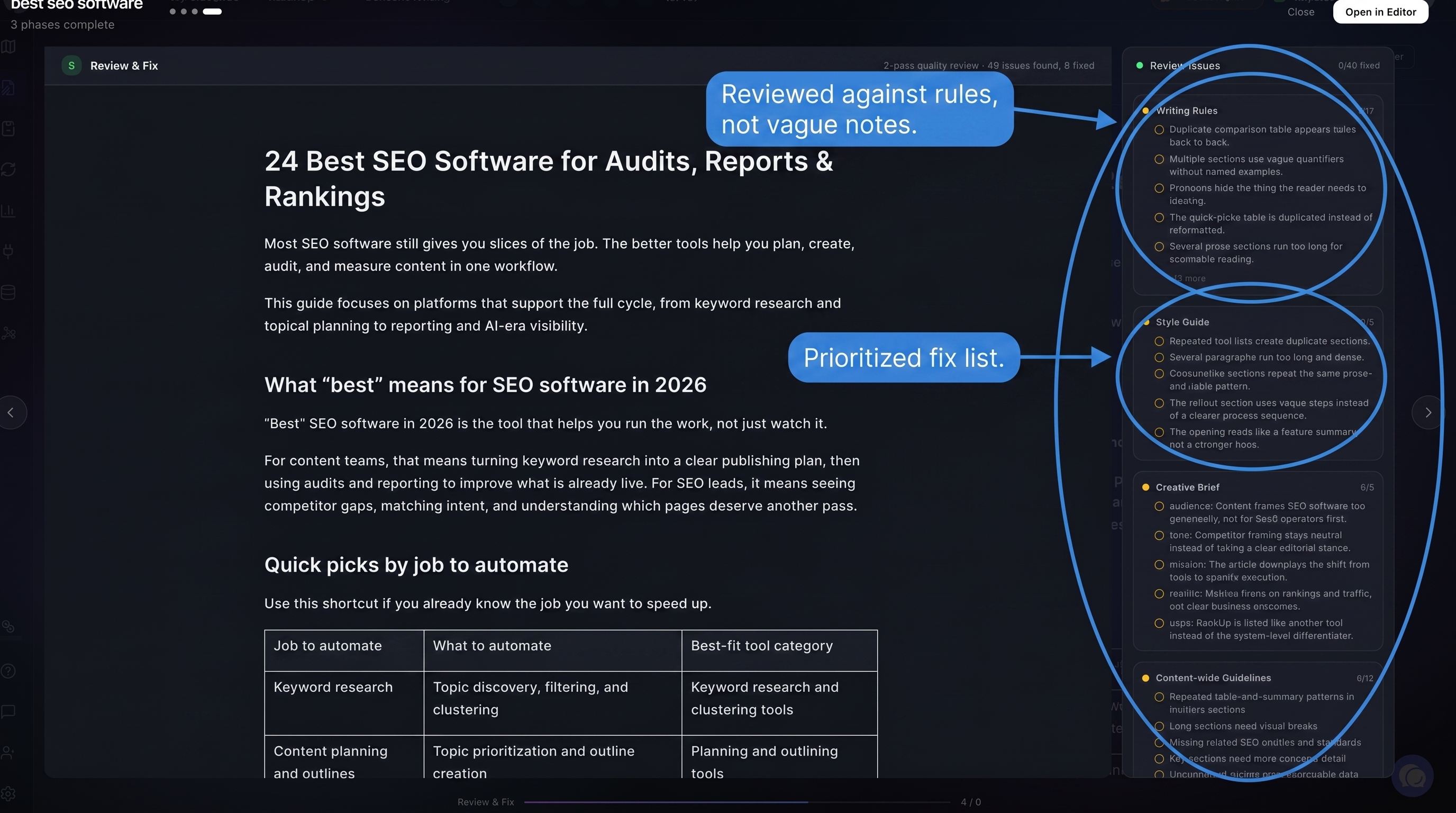 RankUp review and fix screen showing draft analysis and prioritized content edits