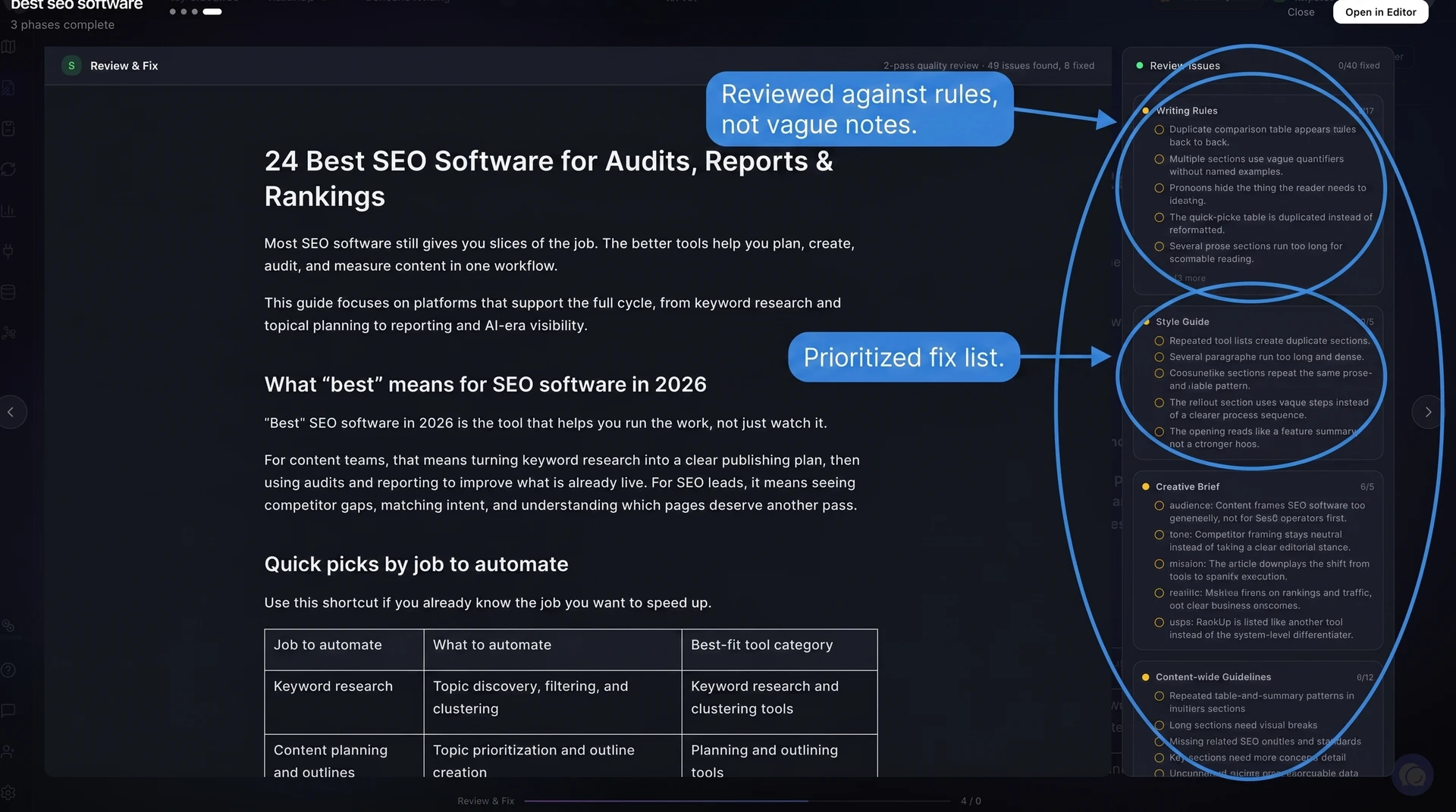 RankUp review and fix screen showing draft analysis and prioritized content edits