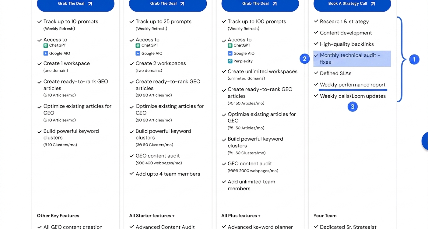 Annotated Scalenut VIP Service scope highlighting the managed deliverables, monthly technical audits and fixes, and weekly performance reporting Annotated Scalenut VIP Service scope highlighting the managed deliverables, monthly technical audits and fixes, and weekly performance reporting
