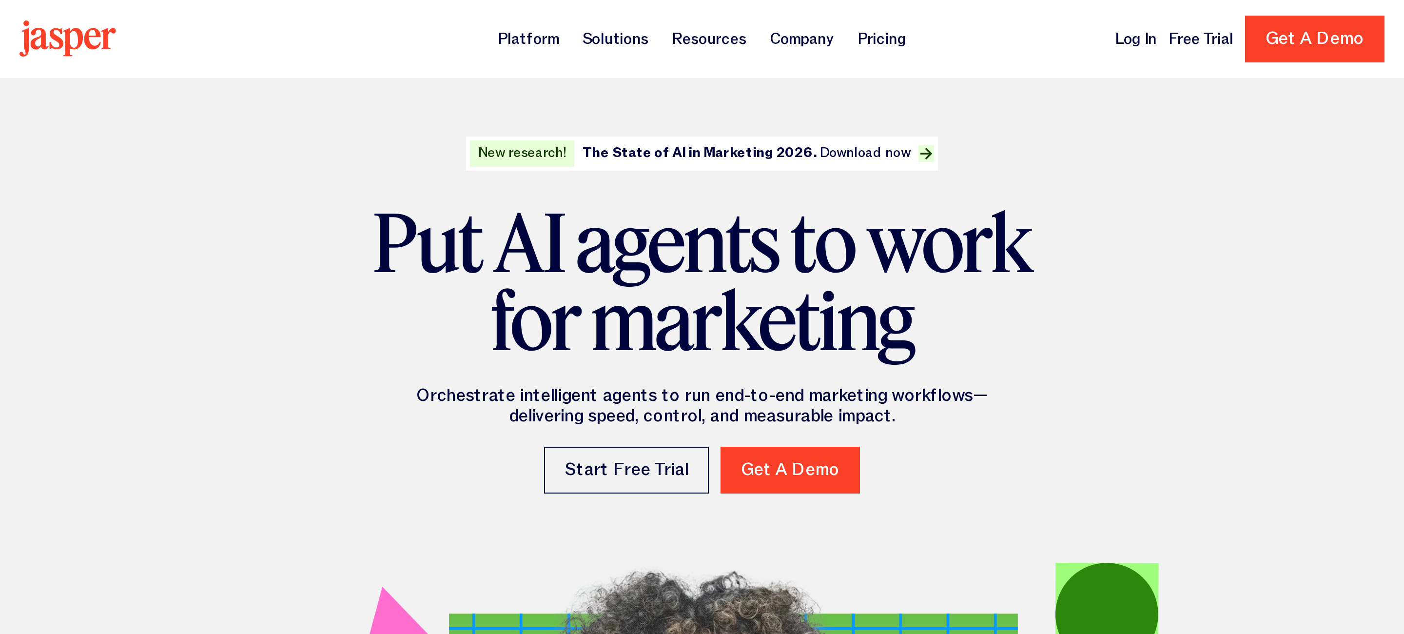 Jasper AI landing page hero showing 'Put AI agents to work for marketing' with multi-format content positioning
