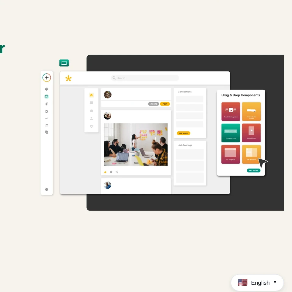 Adalo visual app builder with a screen canvas and drag-and-drop components
