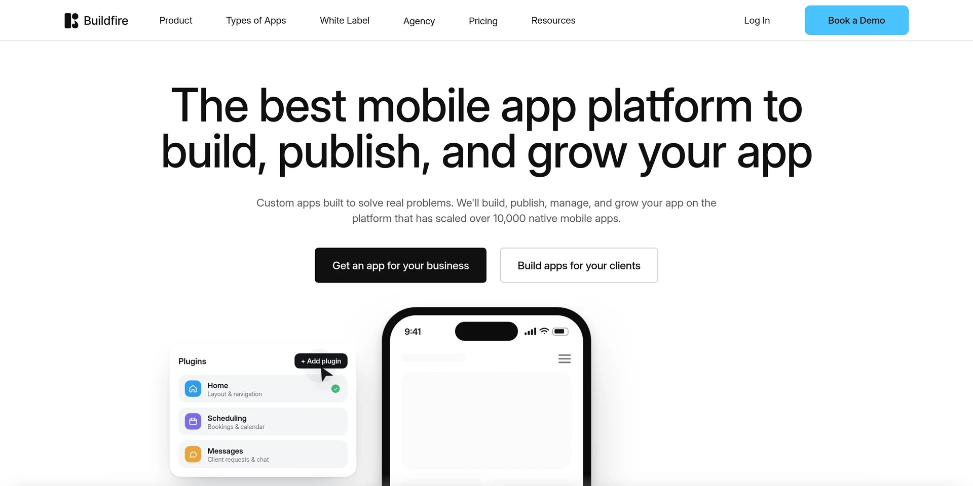 BuildFire app platform homepage with a mobile preview and pre-built plugins panel