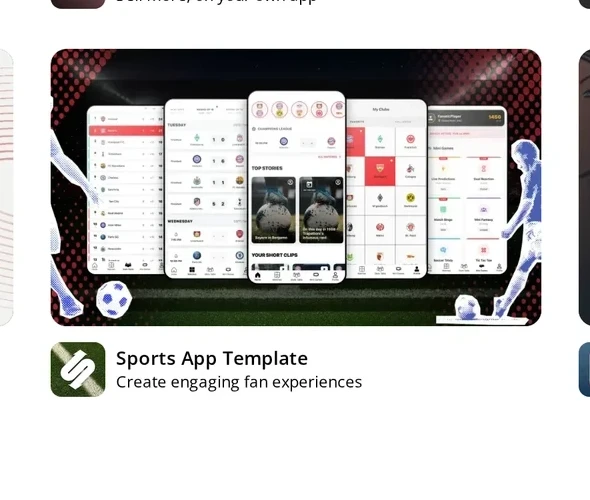 Choicely Sports App Template showing mobile screens for fixtures, stories and fan content