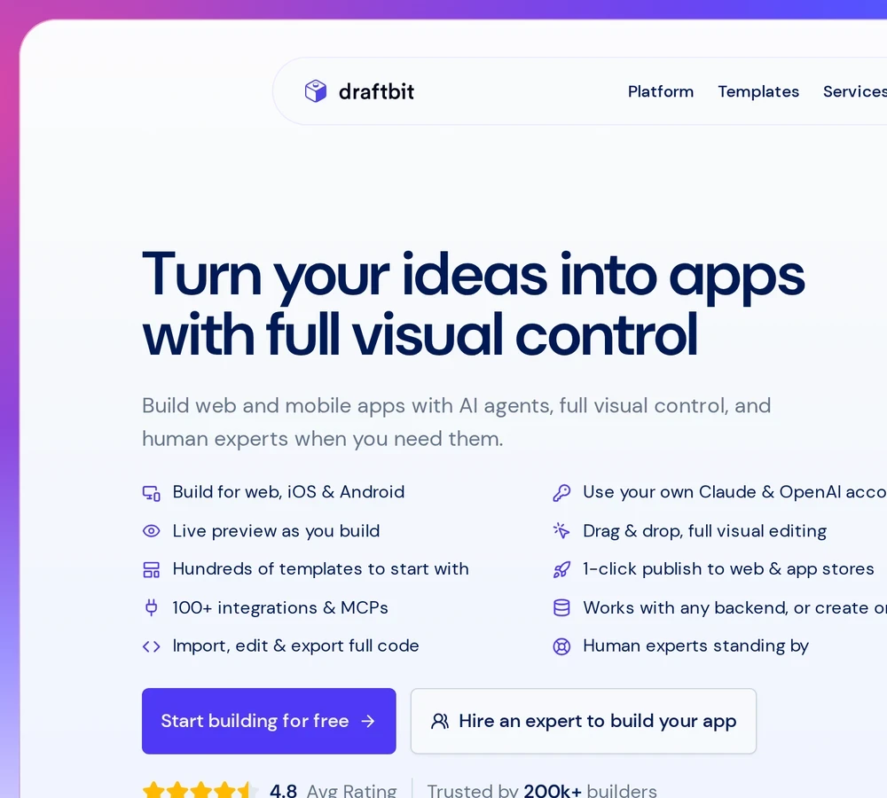 Draftbit app builder landing page describing visual editing, AI agents and full code export