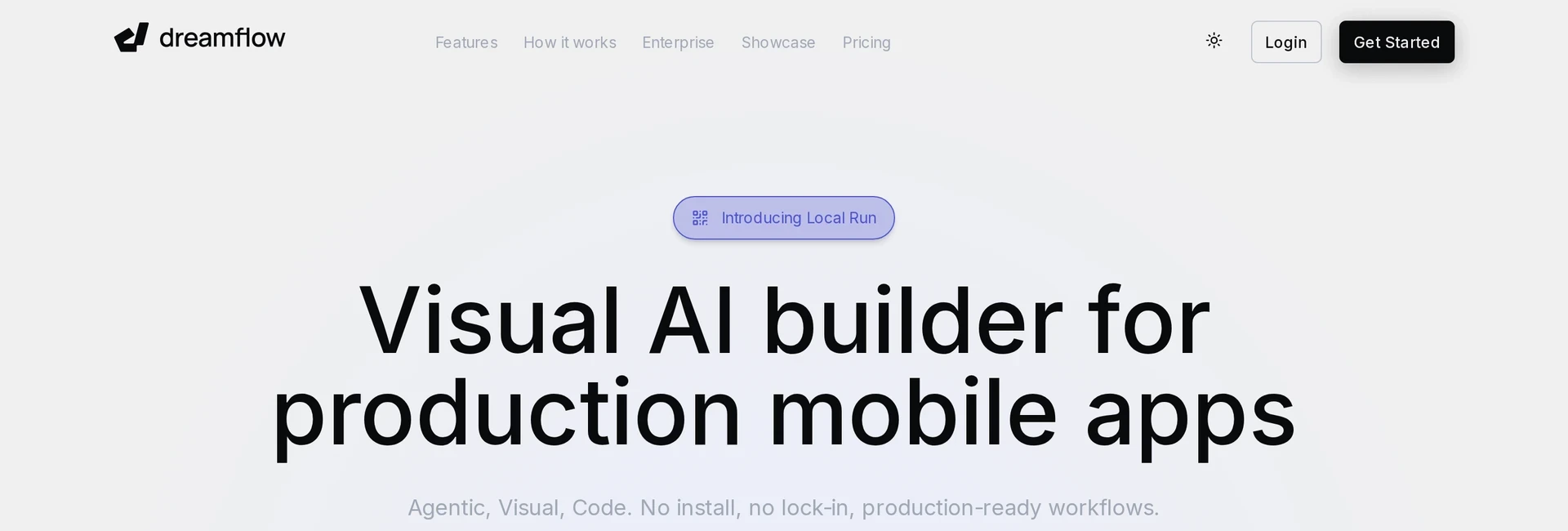 Dreamflow landing page presenting its visual AI builder for production mobile apps