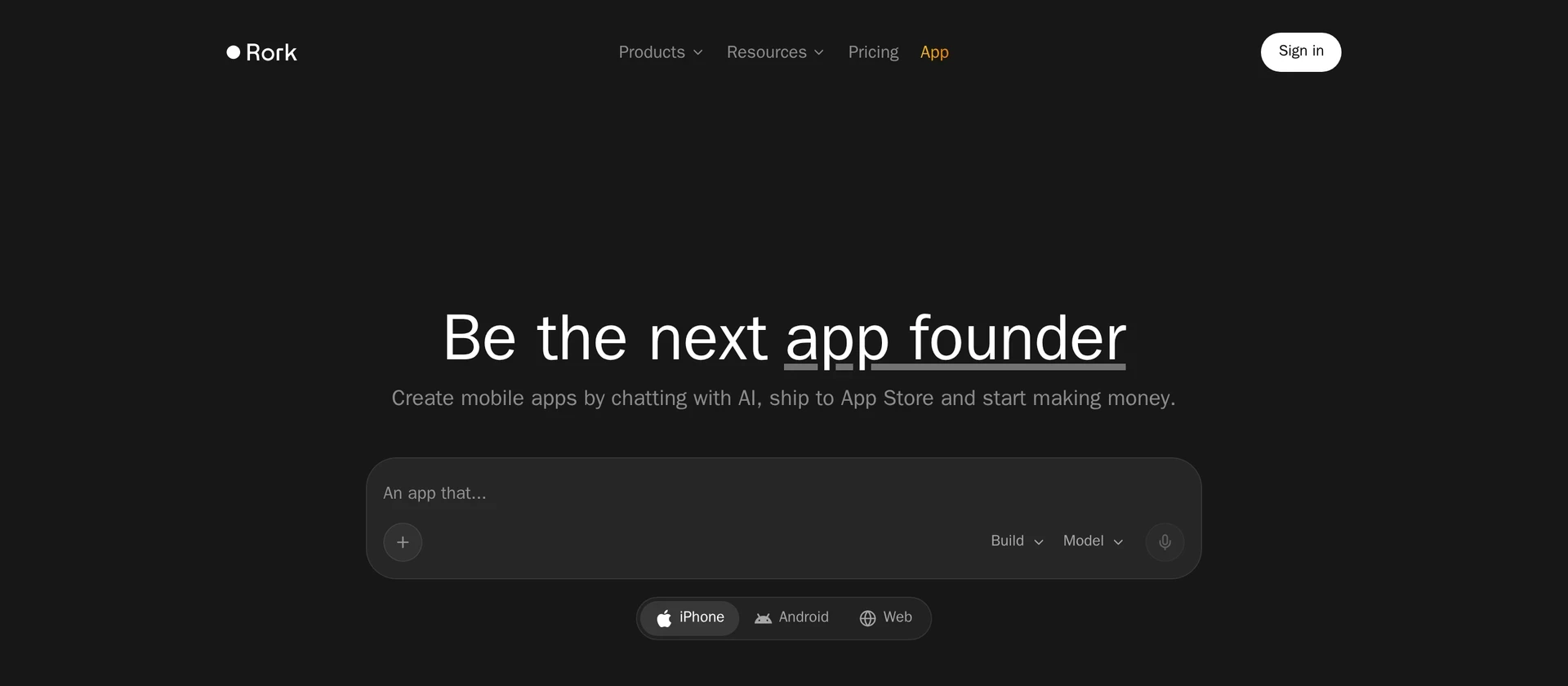Rork homepage with AI app prompts and iPhone, Android and Web platform controls